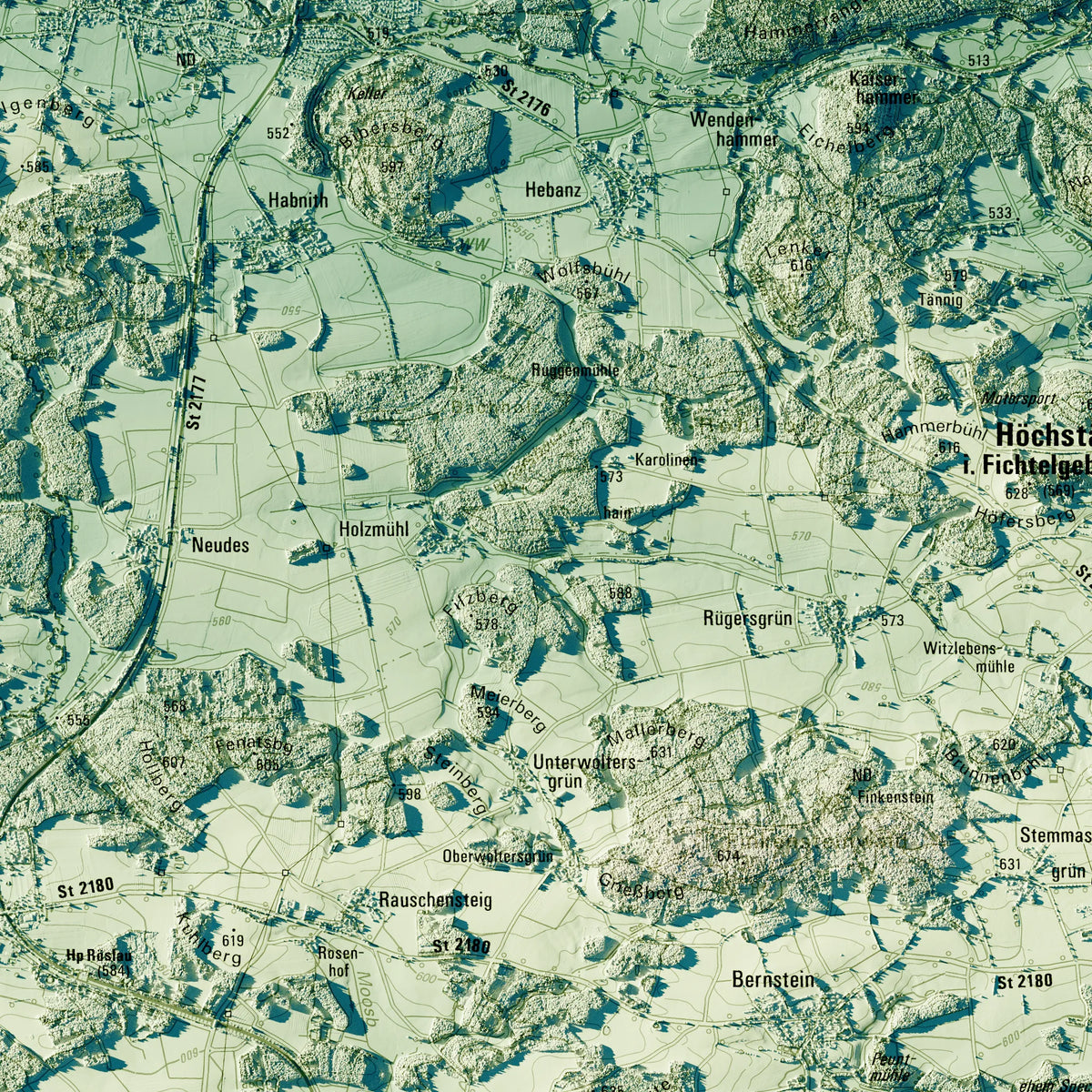 Landkreis Wunsiedel i.Fichtelgebirge Poster, Detailansicht der Reliefkarte in der Farbvariante Petrol #c2