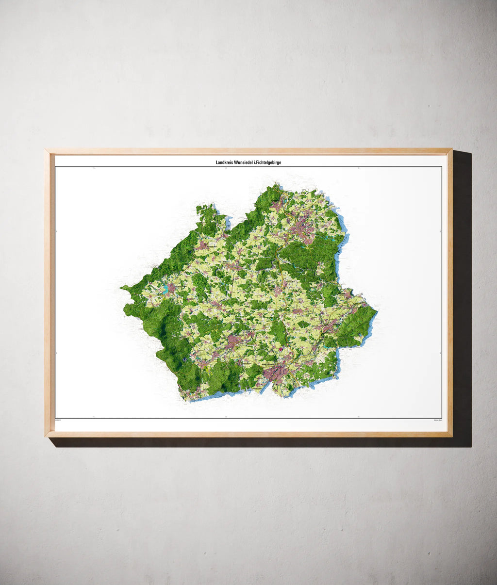 Landkreis Wunsiedel i.Fichtelgebirge Poster als schattierte Reliefkarte, Farbvariante Topographisch, gerahmt an einer Wand #dtk
