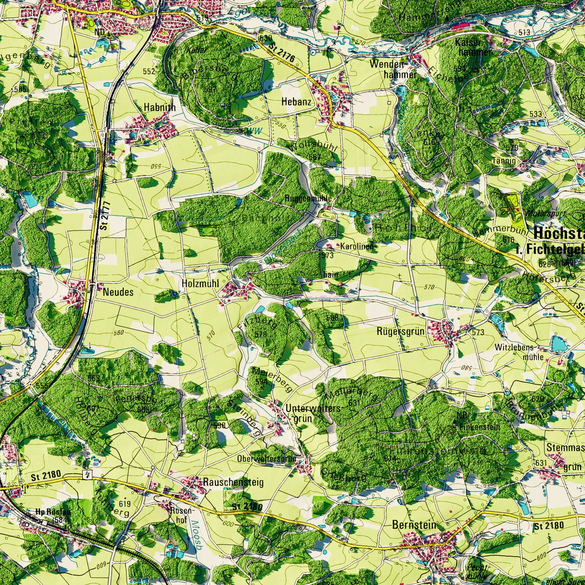 Landkreis Wunsiedel i.Fichtelgebirge Poster, Detailansicht der Reliefkarte in der Farbvariante Topographisch #dtk