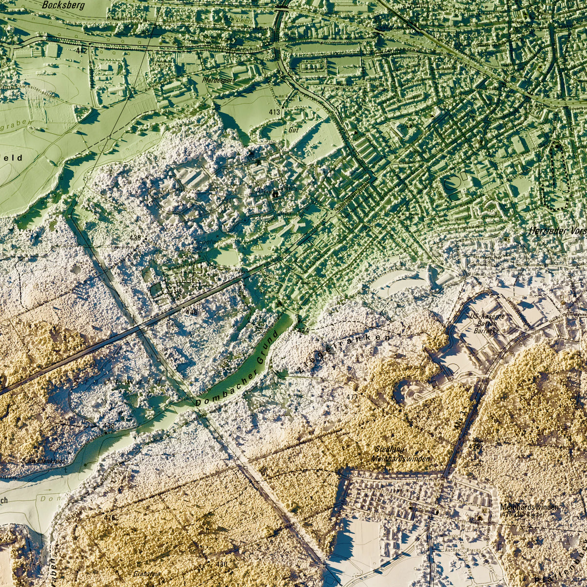 Stadt Ansbach Poster, Detailansicht der Reliefkarte in der Farbvariante Salbei #c1