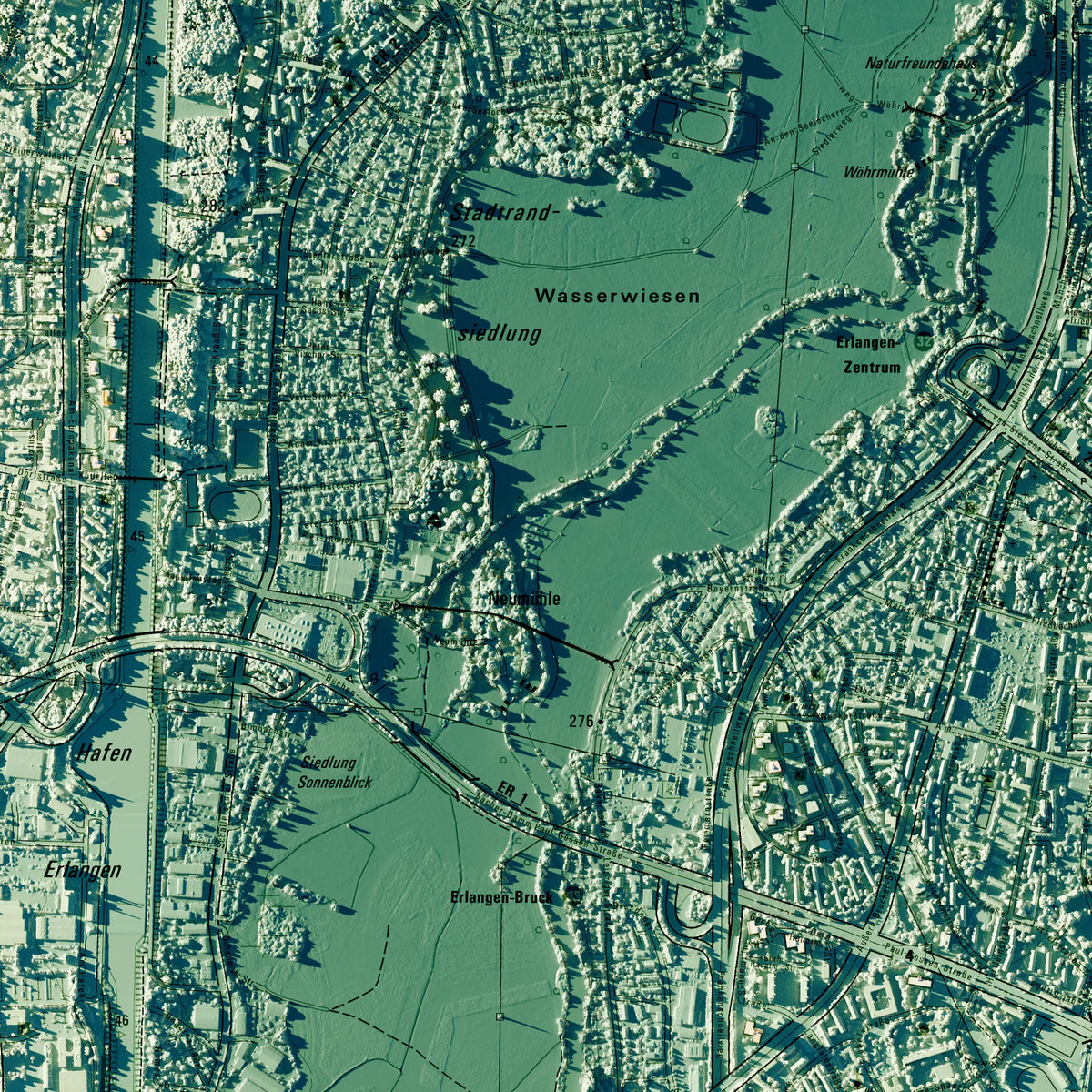 Stadt Erlangen Poster, Detailansicht der Reliefkarte in der Farbvariante Petrol #c2