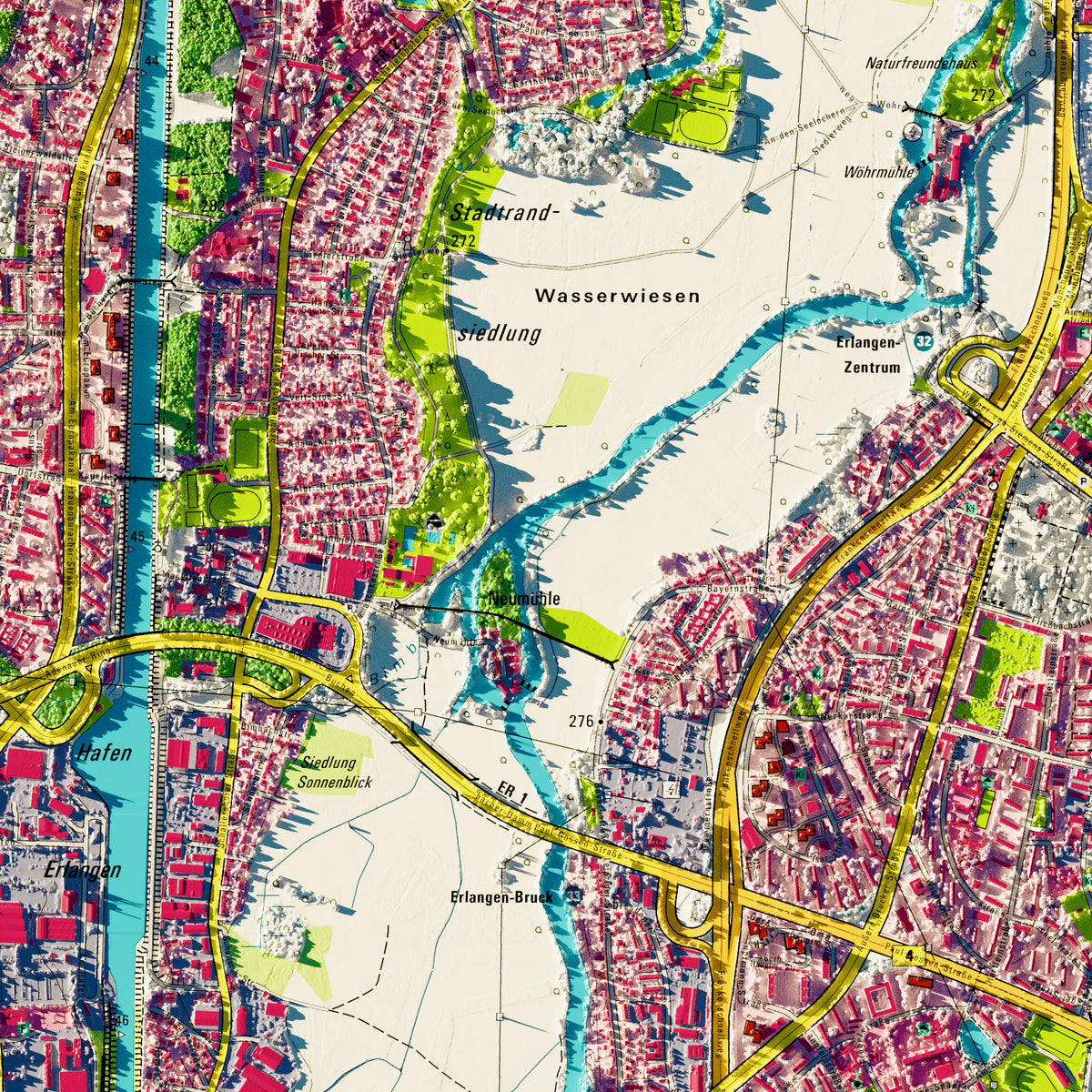 Stadt Erlangen Poster, Detailansicht der Reliefkarte in der Farbvariante Topographisch #dtk
