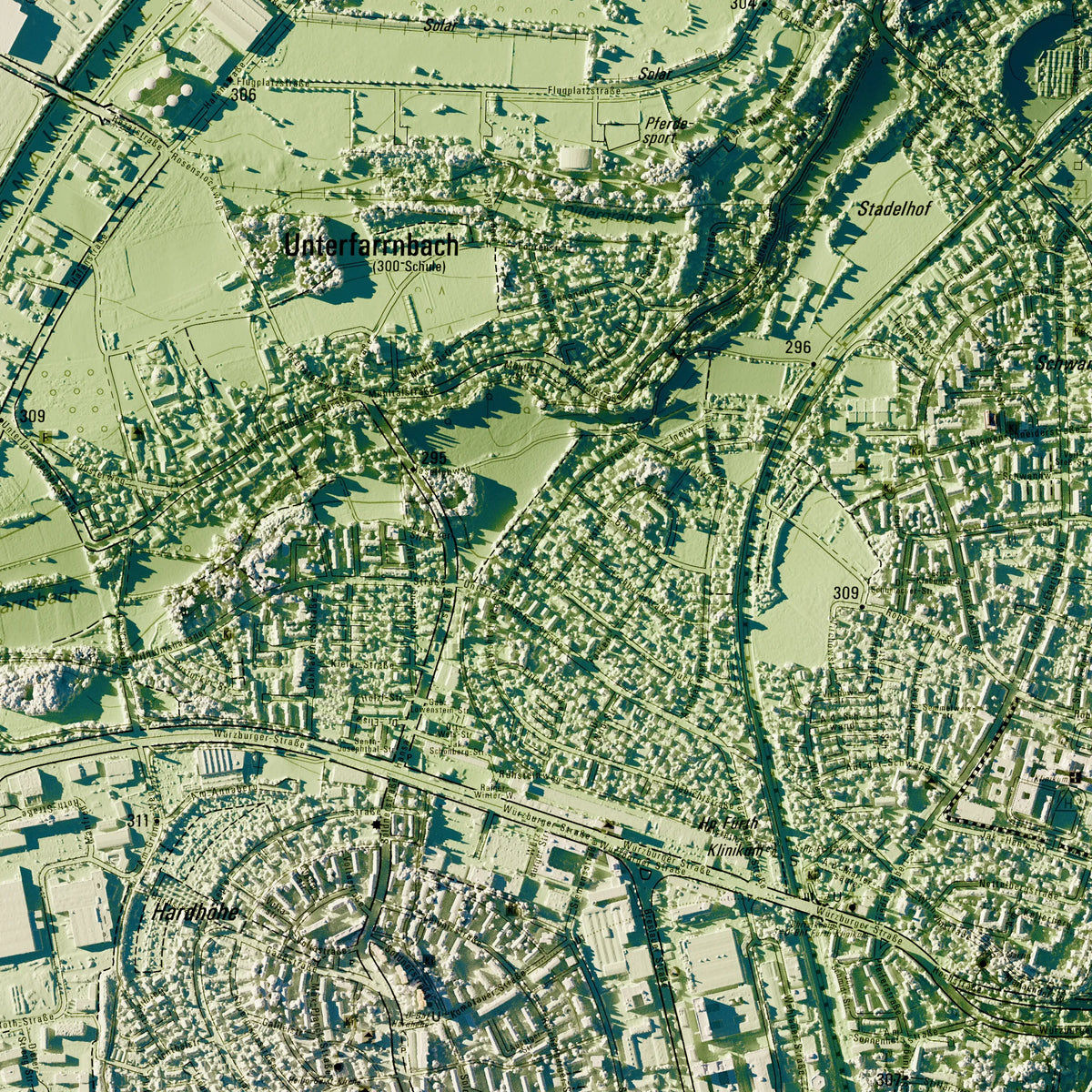 Stadt Fürth Poster, Detailansicht der Reliefkarte in der Farbvariante Salbei #c1