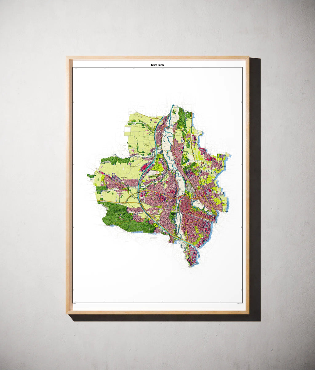 Stadt Fürth Poster als schattierte Reliefkarte, Farbvariante Topographisch, gerahmt an einer Wand #dtk