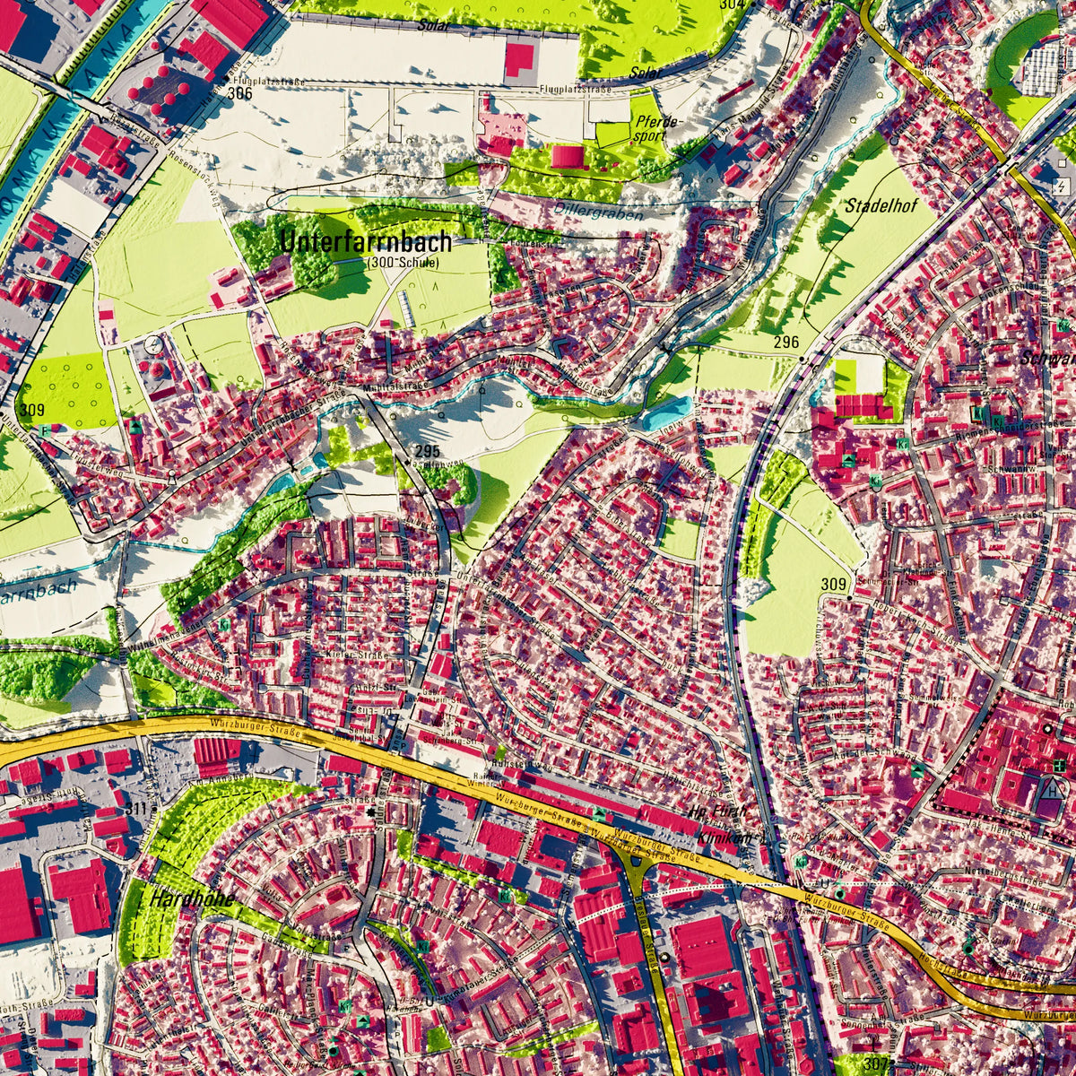 Stadt Fürth Poster, Detailansicht der Reliefkarte in der Farbvariante Topographisch #dtk