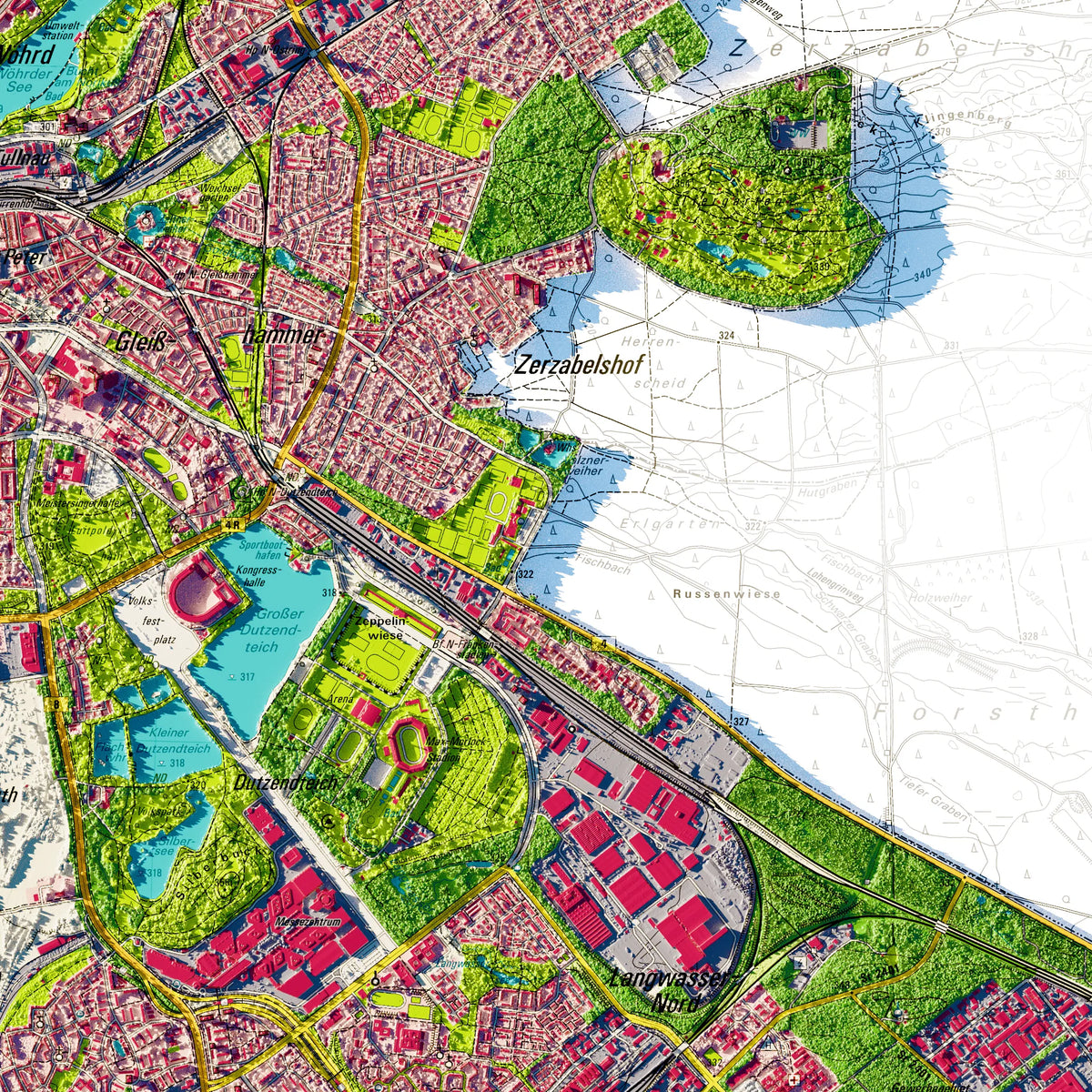 Stadt Nürnberg Poster, Detailansicht der Reliefkarte in der Farbvariante Topographisch #dtk