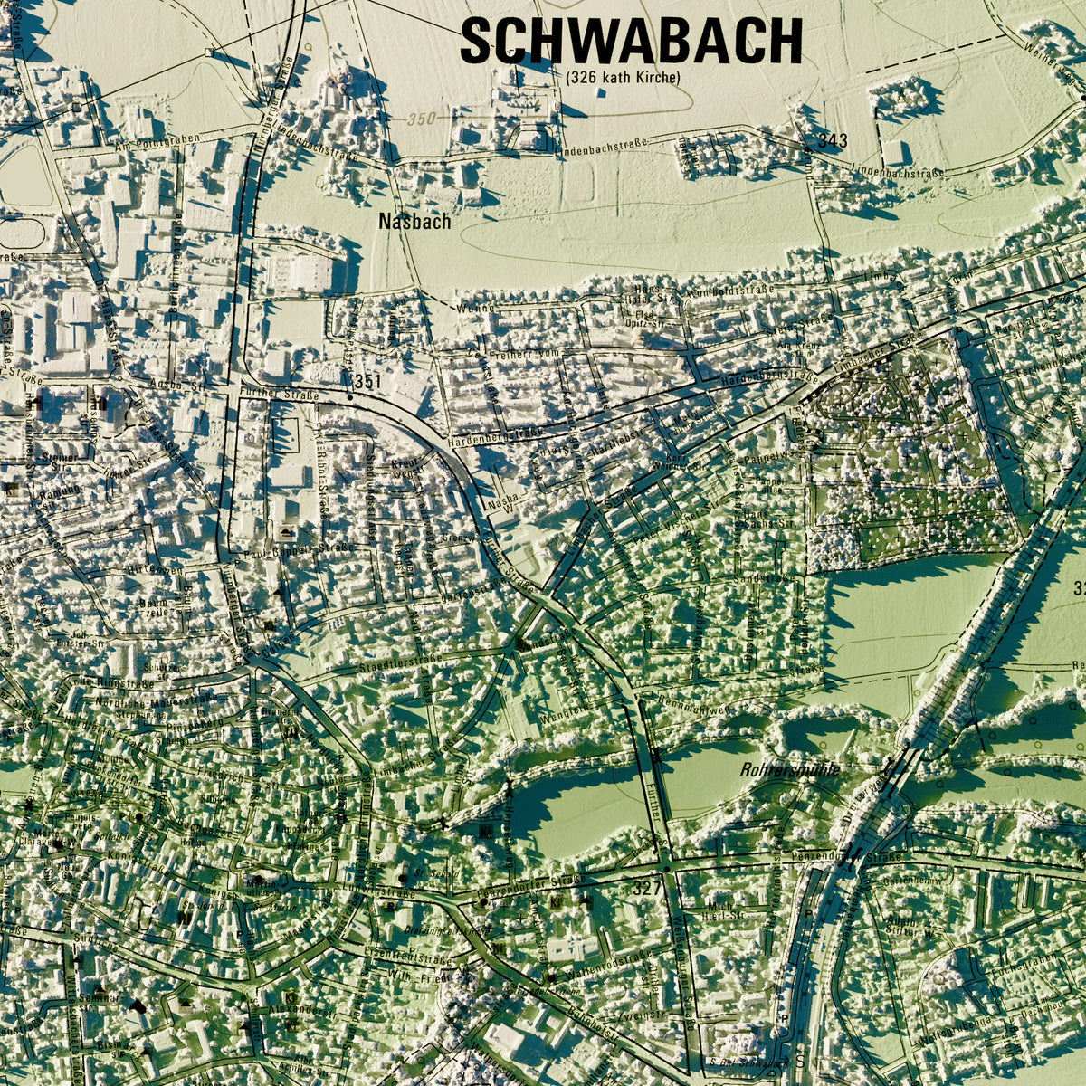 Stadt Schwabach Poster, Detailansicht der Reliefkarte in der Farbvariante Salbei #c1