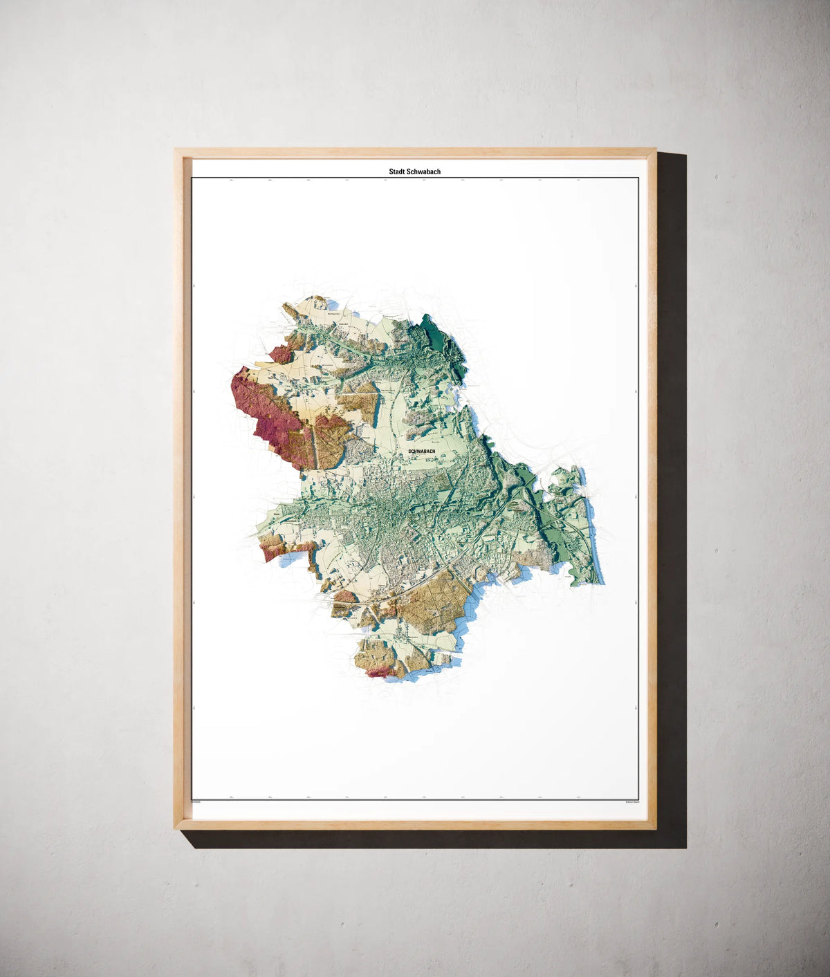 Stadt Schwabach Poster als schattierte Reliefkarte, Farbvariante Petrol, gerahmt an einer Wand #c2