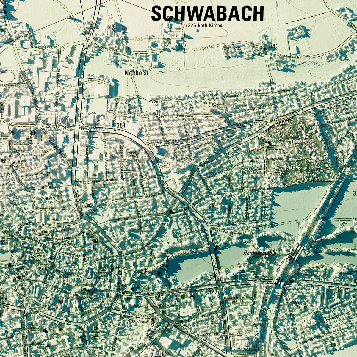 Stadt Schwabach Poster, Detailansicht der Reliefkarte in der Farbvariante Petrol #c2