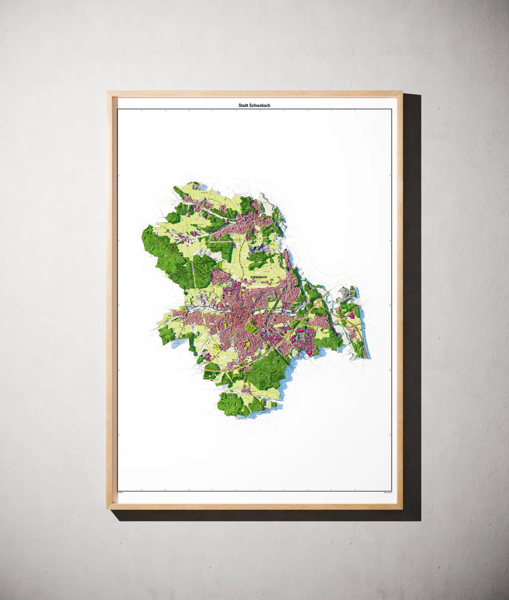 Stadt Schwabach Poster als schattierte Reliefkarte, Farbvariante Topographisch, gerahmt an einer Wand #dtk