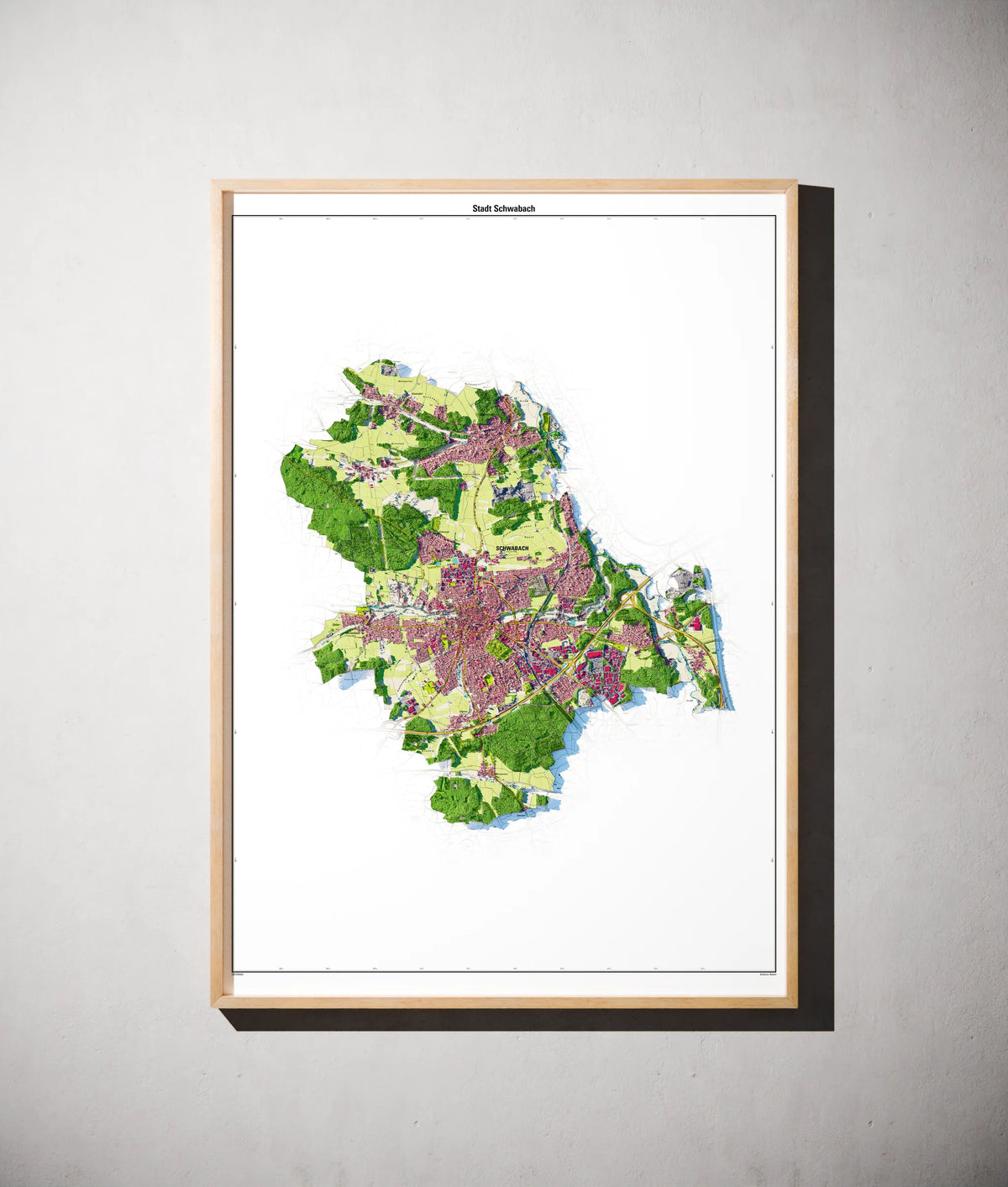 Stadt Schwabach Poster als schattierte Reliefkarte, Farbvariante Topographisch, gerahmt an einer Wand #dtk
