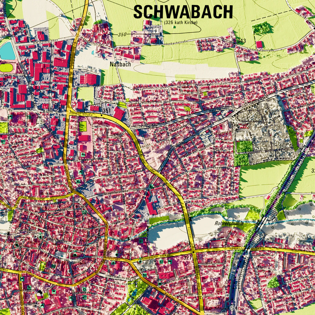 Stadt Schwabach Poster, Detailansicht der Reliefkarte in der Farbvariante Topographisch #dtk