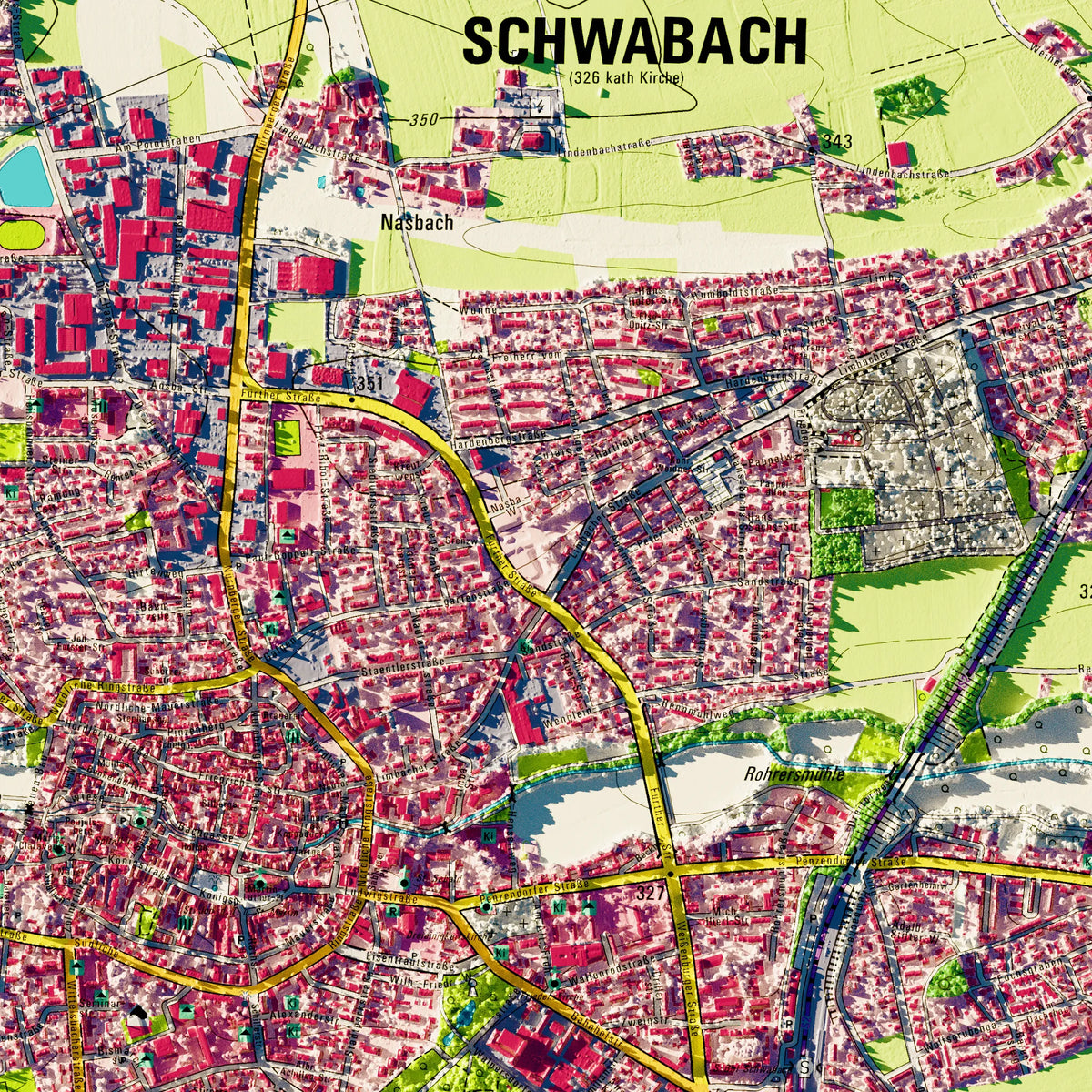 Stadt Schwabach Poster, Detailansicht der Reliefkarte in der Farbvariante Topographisch #dtk