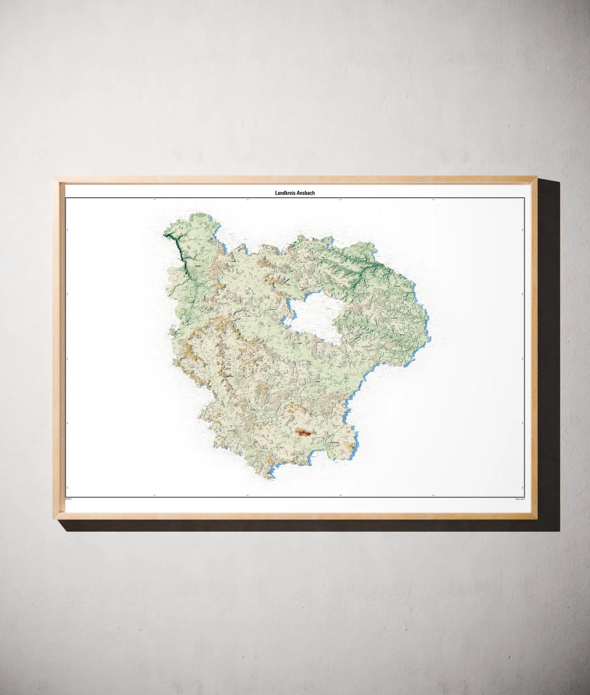 Landkreis Ansbach Poster als schattierte Reliefkarte, Farbvariante Petrol, gerahmt an einer Wand #c2
