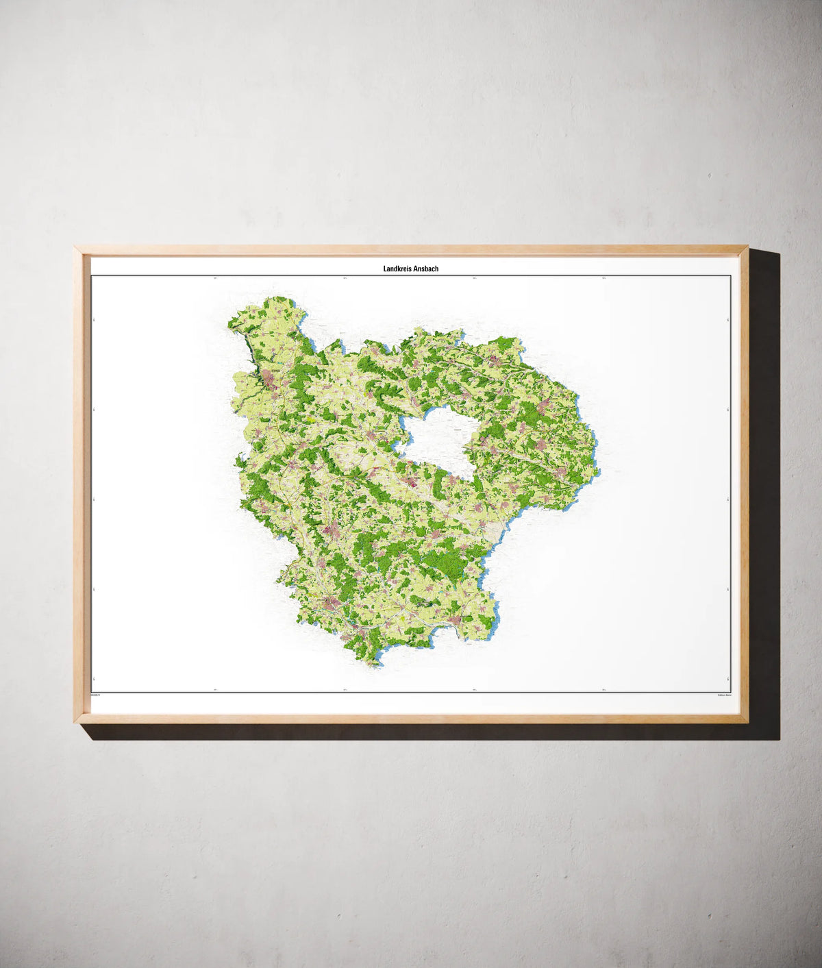 Landkreis Ansbach Poster als schattierte Reliefkarte, Farbvariante Topographisch, gerahmt an einer Wand #dtk