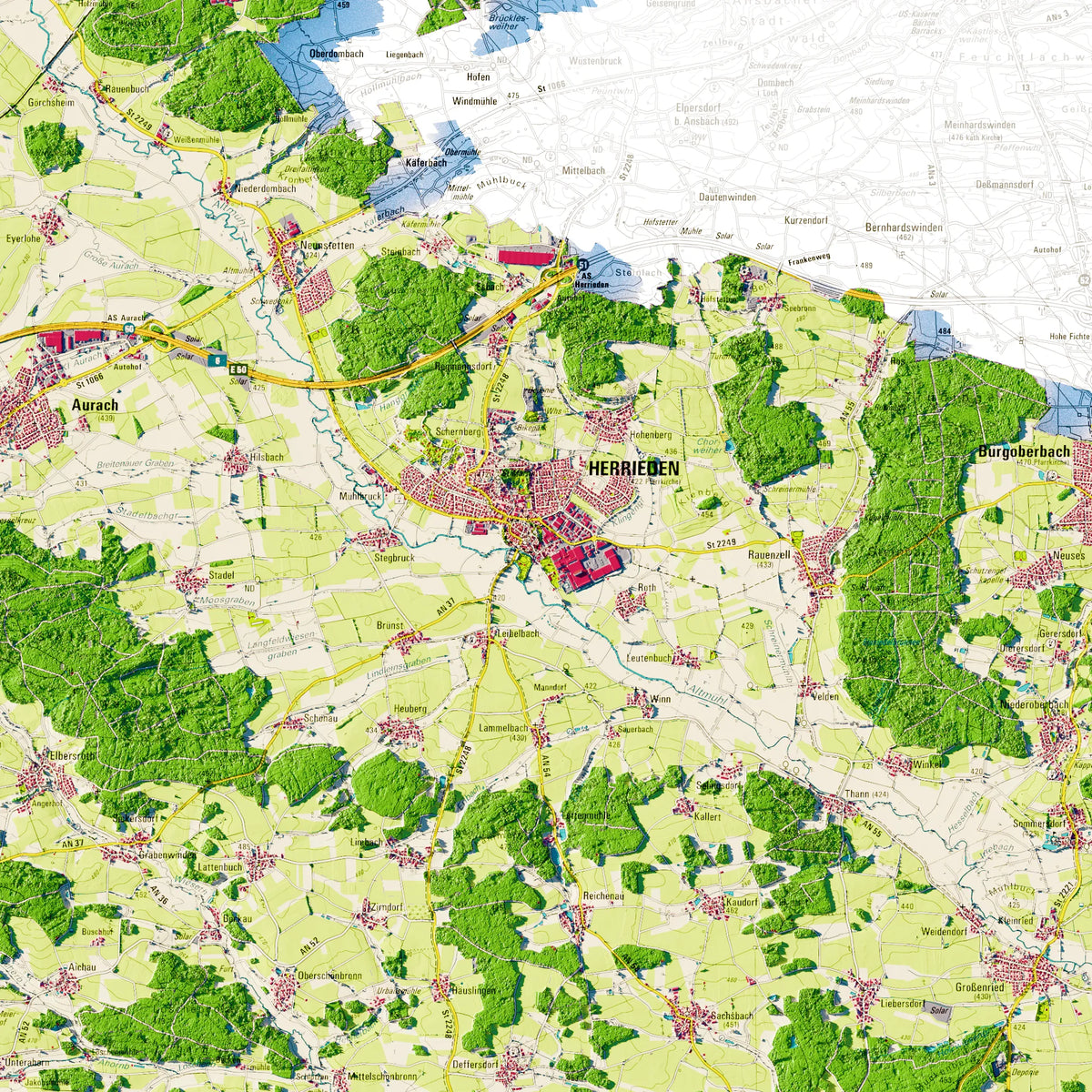 Landkreis Ansbach Poster, Detailansicht der Reliefkarte in der Farbvariante Topographisch #dtk