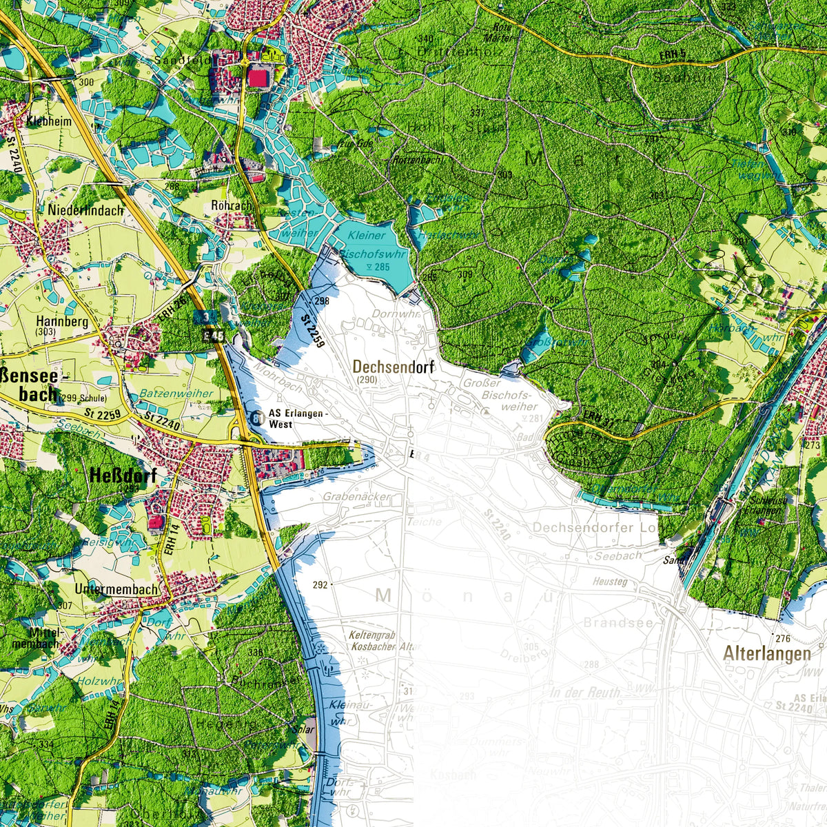 Landkreis Erlangen-Höchstadt Poster, Detailansicht der Reliefkarte in der Farbvariante Topographisch #dtk
