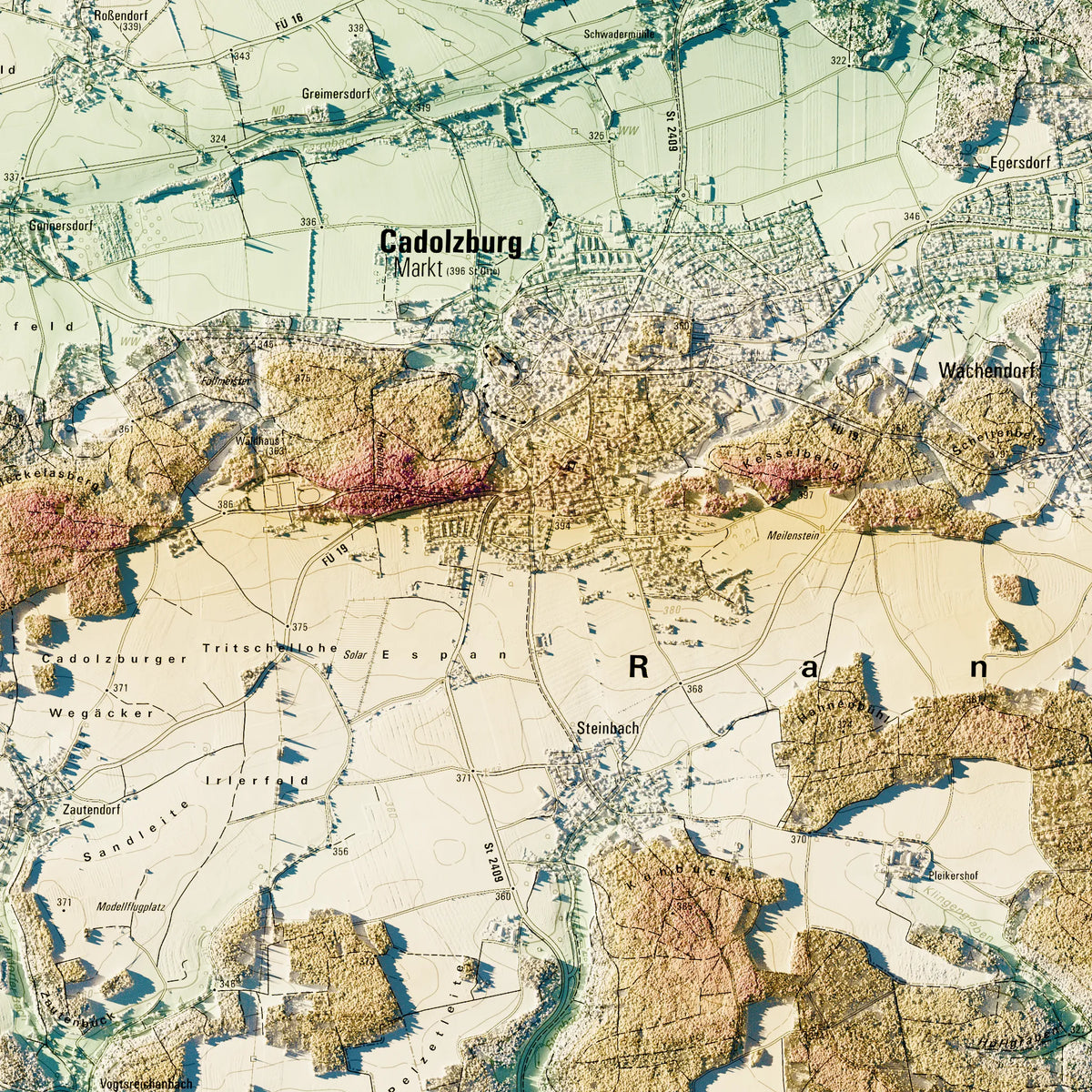Landkreis Fürth Poster, Detailansicht der Reliefkarte in der Farbvariante Petrol #c2