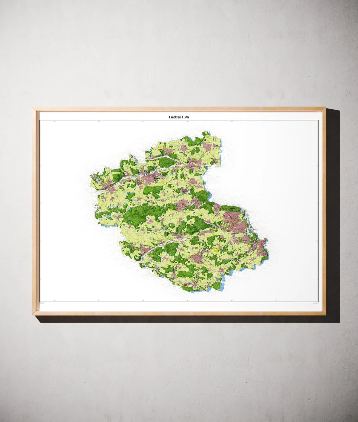 Landkreis Fürth Poster als schattierte Reliefkarte, Farbvariante Topographisch, gerahmt an einer Wand #dtk