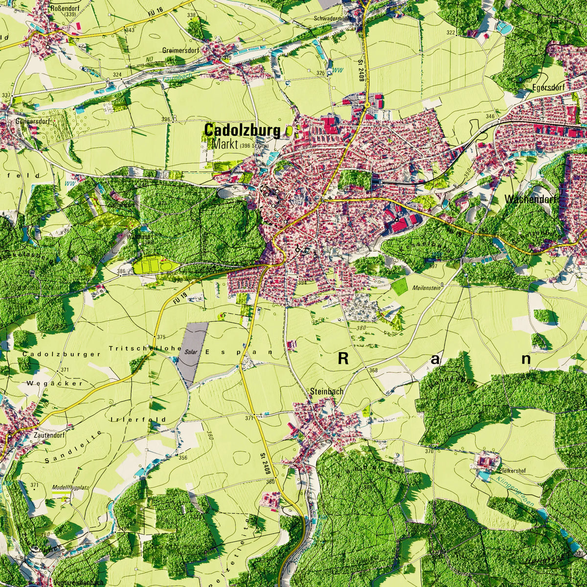 Landkreis Fürth Poster, Detailansicht der Reliefkarte in der Farbvariante Topographisch #dtk