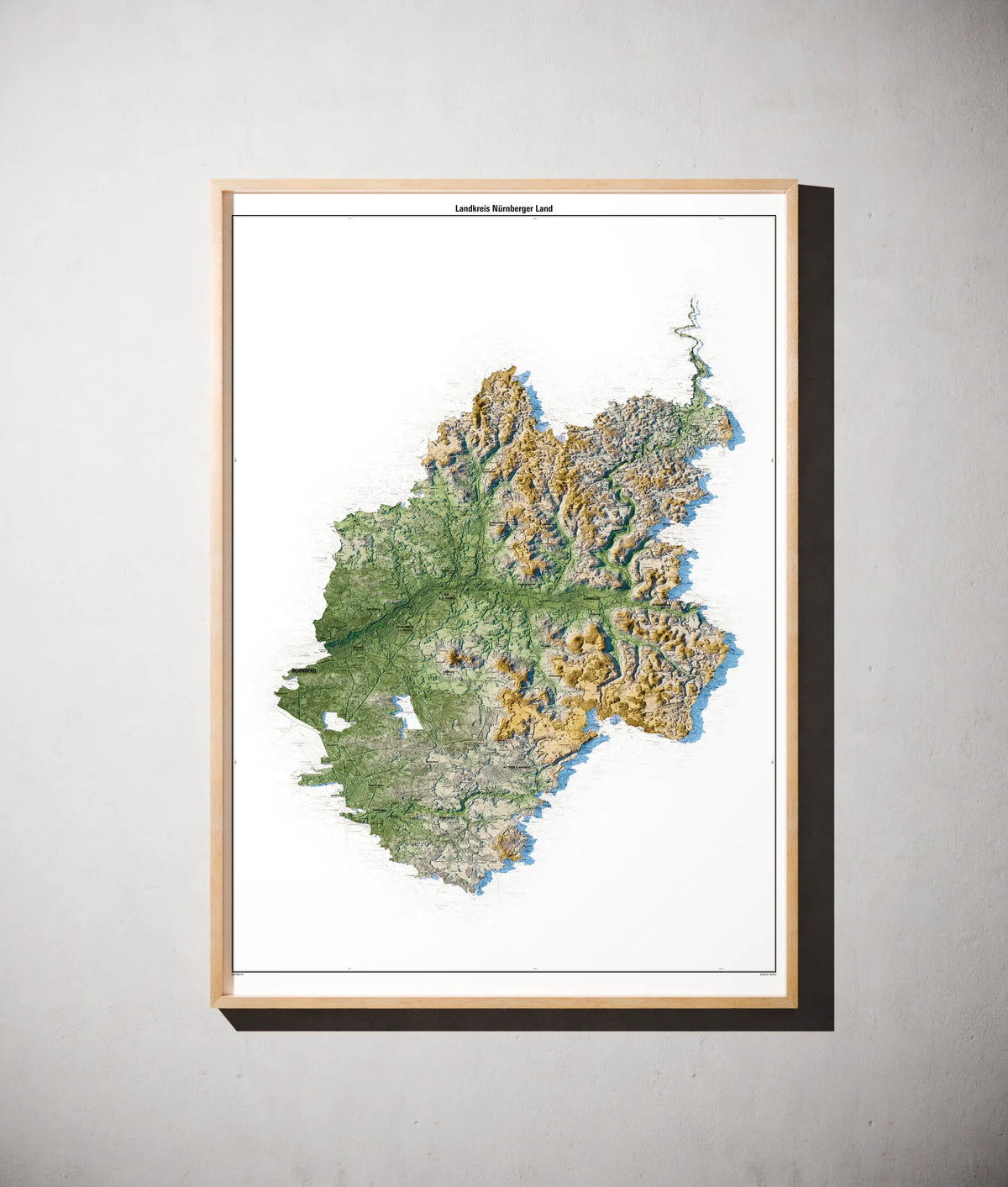 Landkreis Nürnberger Land Poster als schattierte Reliefkarte, Farbvariante Salbei, gerahmt an einer Wand #c1