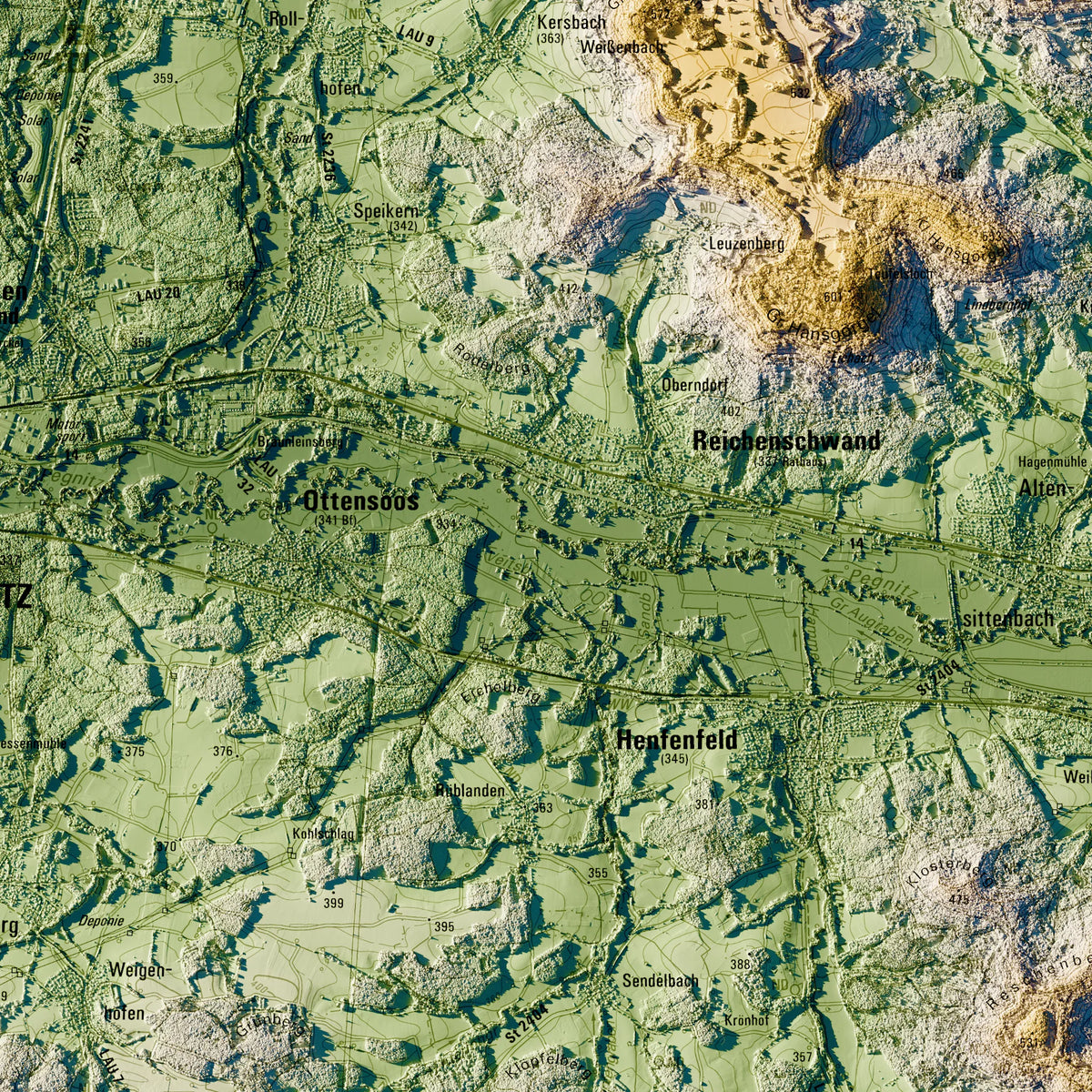 Landkreis Nürnberger Land Poster, Detailansicht der Reliefkarte in der Farbvariante Salbei #c1