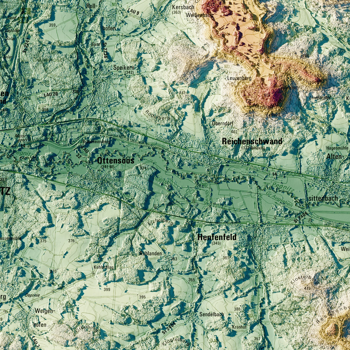Landkreis Nürnberger Land Poster, Detailansicht der Reliefkarte in der Farbvariante Petrol #c2