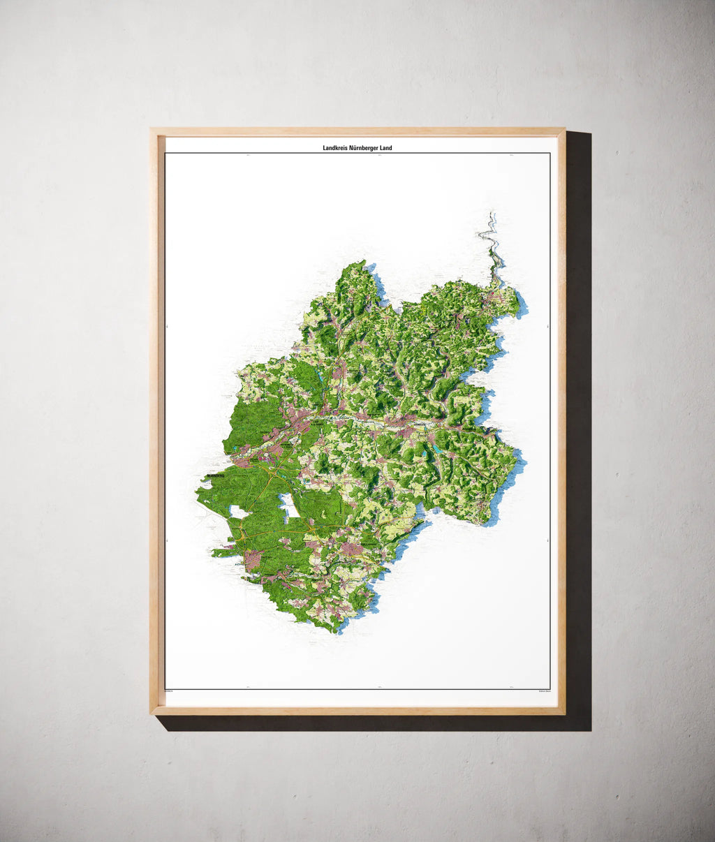 Landkreis Nürnberger Land Poster als schattierte Reliefkarte, Farbvariante Topographisch, gerahmt an einer Wand #dtk