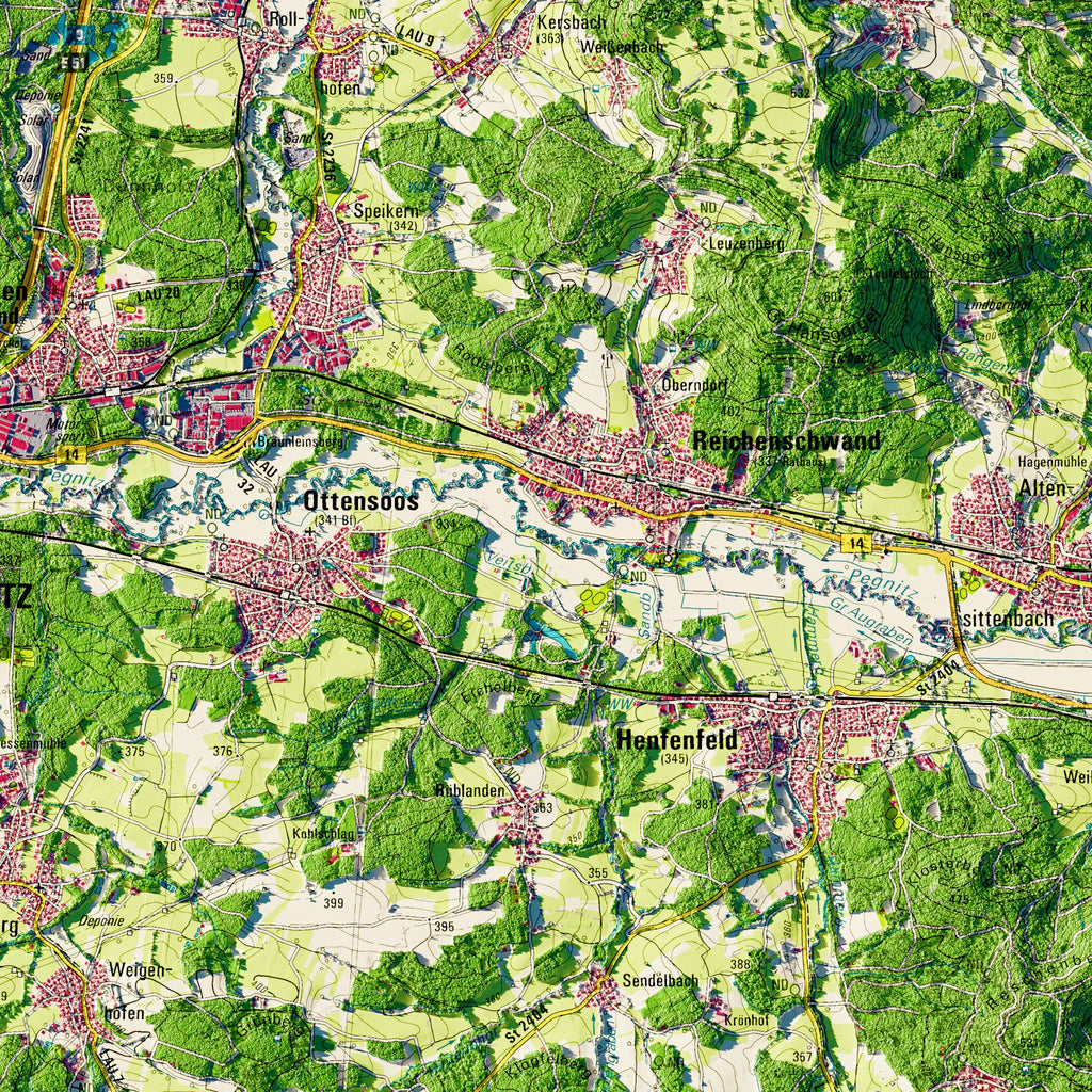 Landkreis Nürnberger Land Poster, Detailansicht der Reliefkarte in der Farbvariante Topographisch #dtk