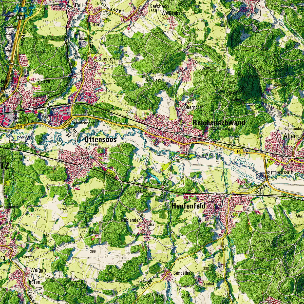 Landkreis Nürnberger Land Poster, Detailansicht der Reliefkarte in der Farbvariante Topographisch #dtk