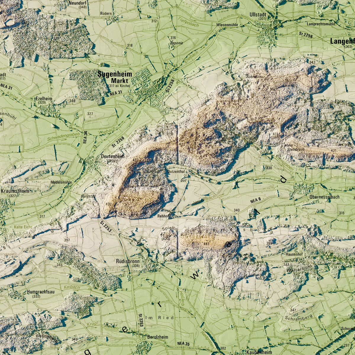 Landkreis Neustadt a.d.Aisch-Bad Windsheim Poster, Detailansicht der Reliefkarte in der Farbvariante Salbei #c1
