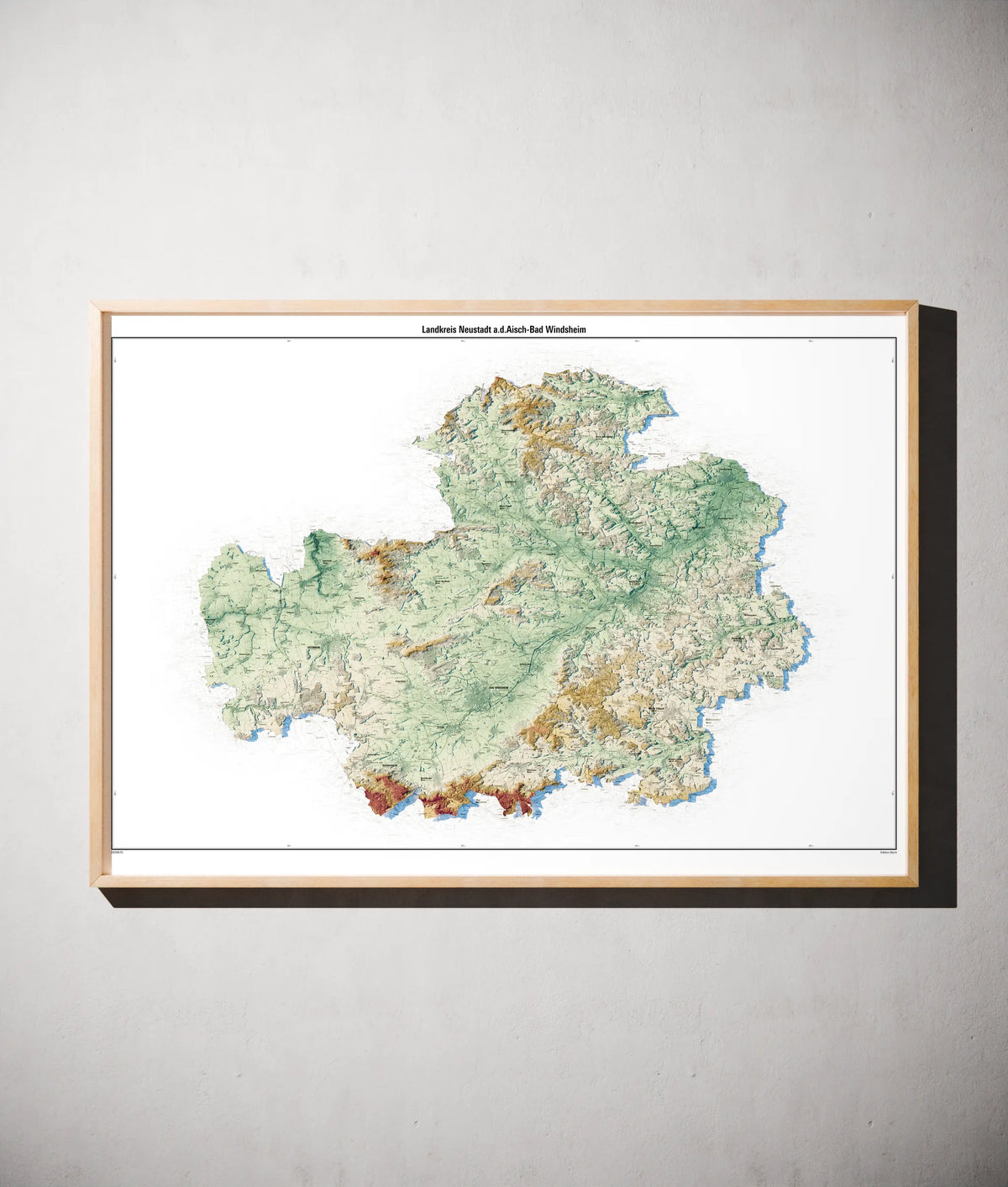 Landkreis Neustadt a.d.Aisch-Bad Windsheim Poster als schattierte Reliefkarte, Farbvariante Petrol, gerahmt an einer Wand #c2