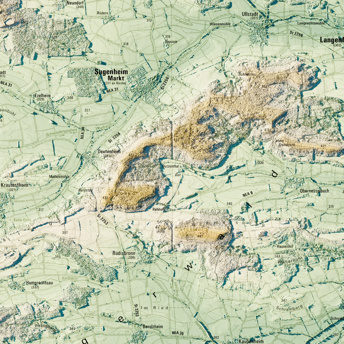 Landkreis Neustadt a.d.Aisch-Bad Windsheim Poster, Detailansicht der Reliefkarte in der Farbvariante Petrol #c2