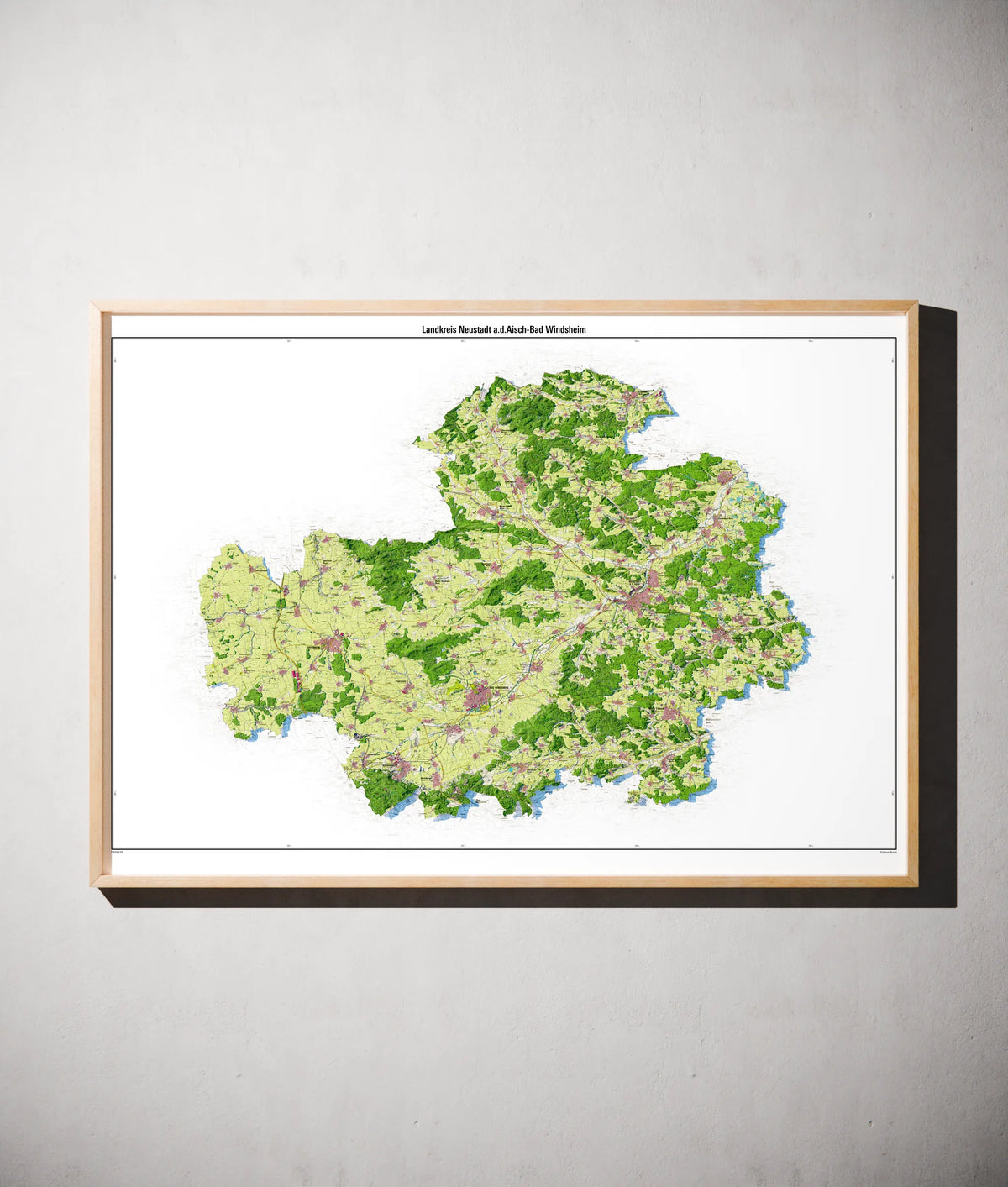 Landkreis Neustadt a.d.Aisch-Bad Windsheim Poster als schattierte Reliefkarte, Farbvariante Topographisch, gerahmt an einer Wand #dtk