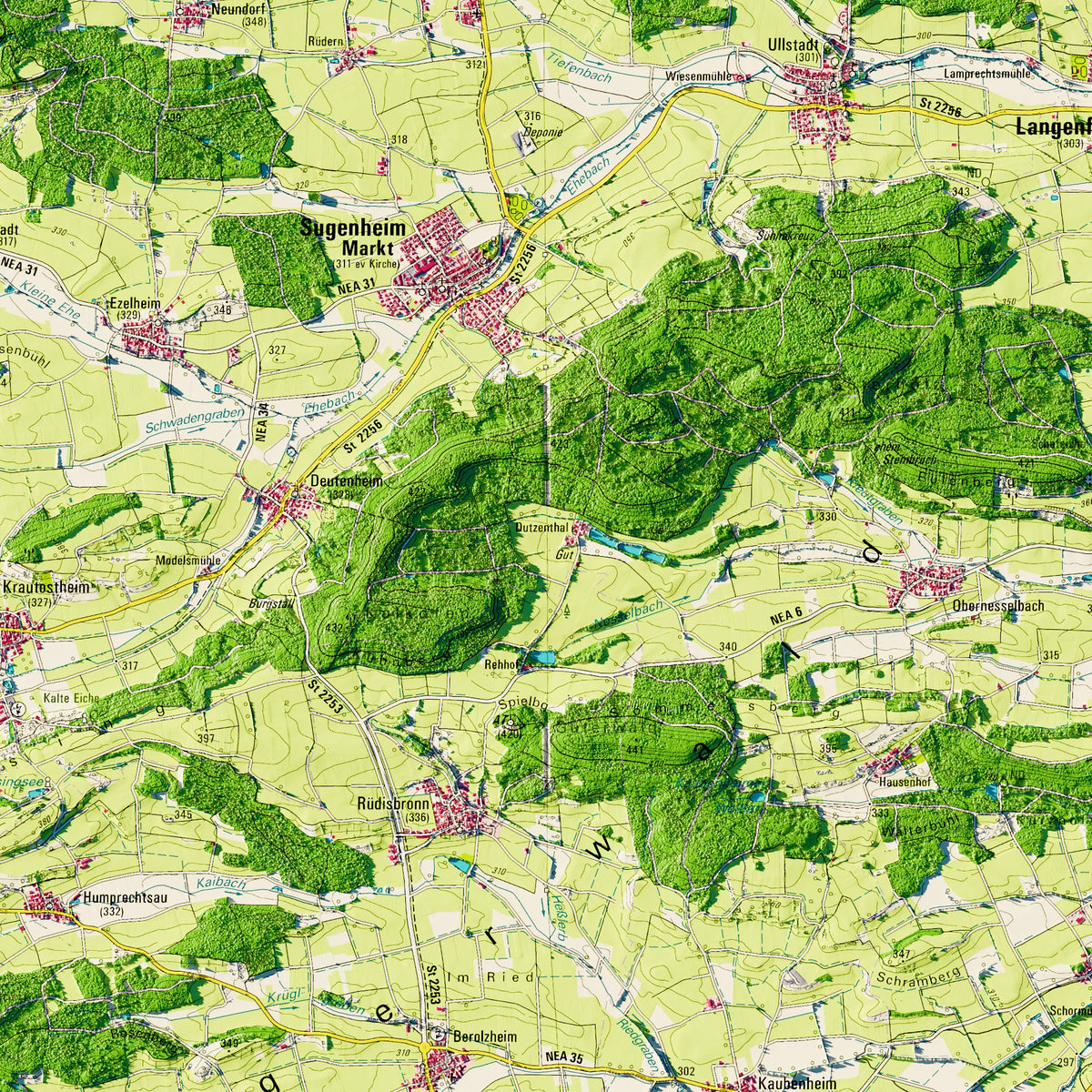 Landkreis Neustadt a.d.Aisch-Bad Windsheim Poster, Detailansicht der Reliefkarte in der Farbvariante Topographisch #dtk