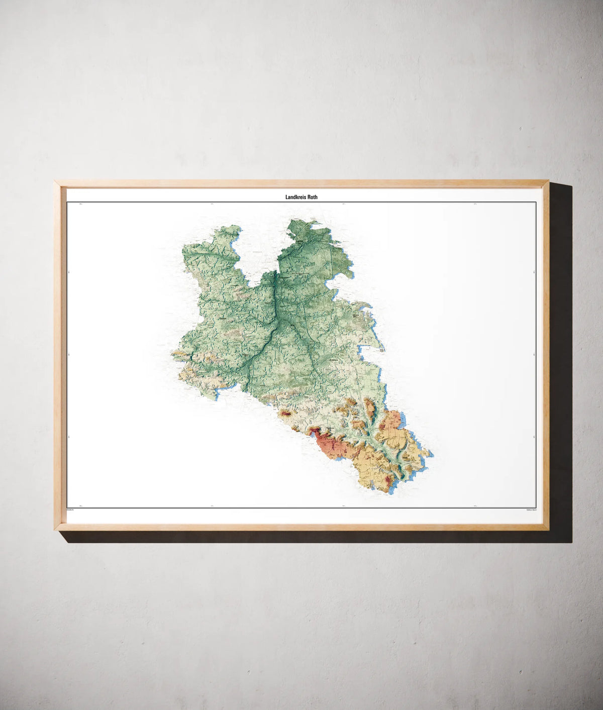 Landkreis Roth Poster als schattierte Reliefkarte, Farbvariante Petrol, gerahmt an einer Wand #c2