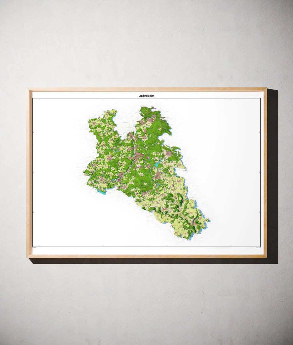 Landkreis Roth Poster als schattierte Reliefkarte, Farbvariante Topographisch, gerahmt an einer Wand #dtk
