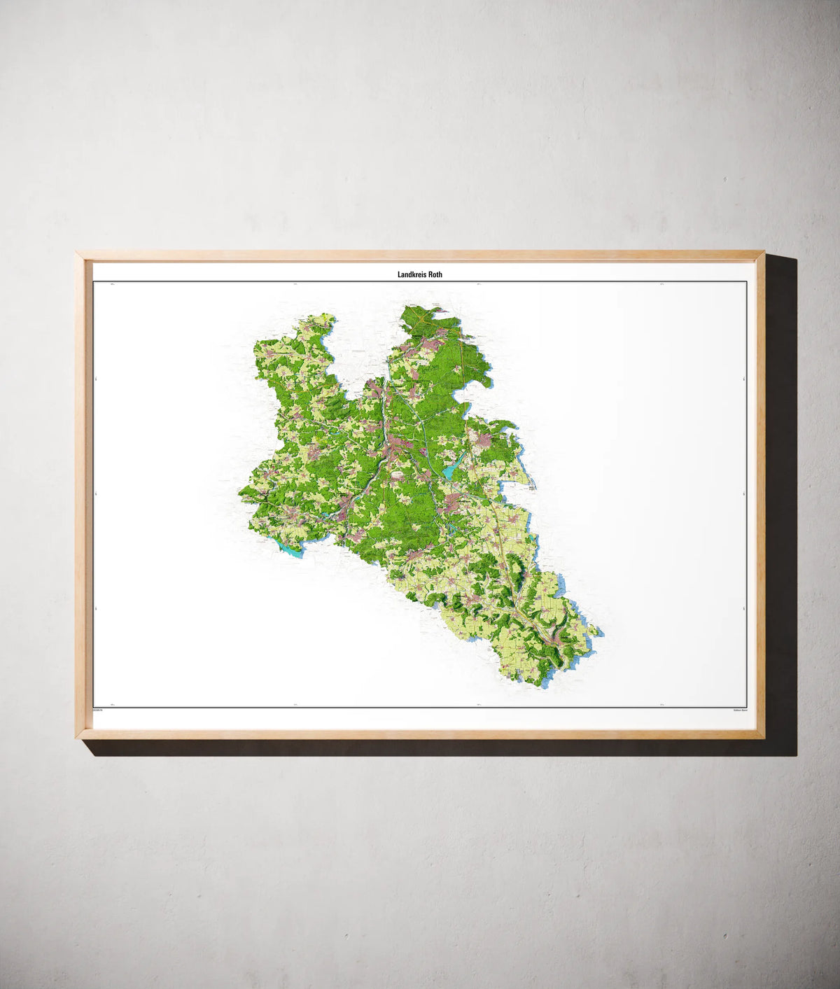 Landkreis Roth Poster als schattierte Reliefkarte, Farbvariante Topographisch, gerahmt an einer Wand #dtk