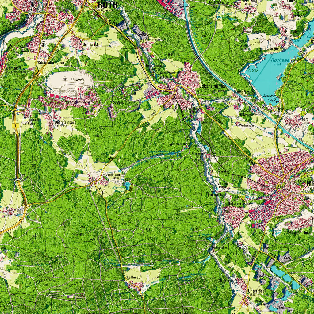 Landkreis Roth Poster, Detailansicht der Reliefkarte in der Farbvariante Topographisch #dtk