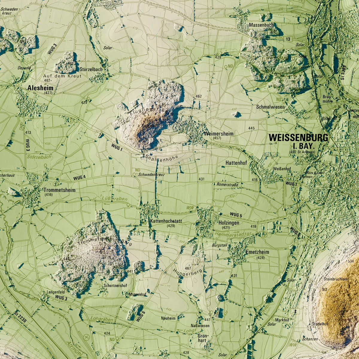 Landkreis Weißenburg-Gunzenhausen Poster, Detailansicht der Reliefkarte in der Farbvariante Salbei #c1
