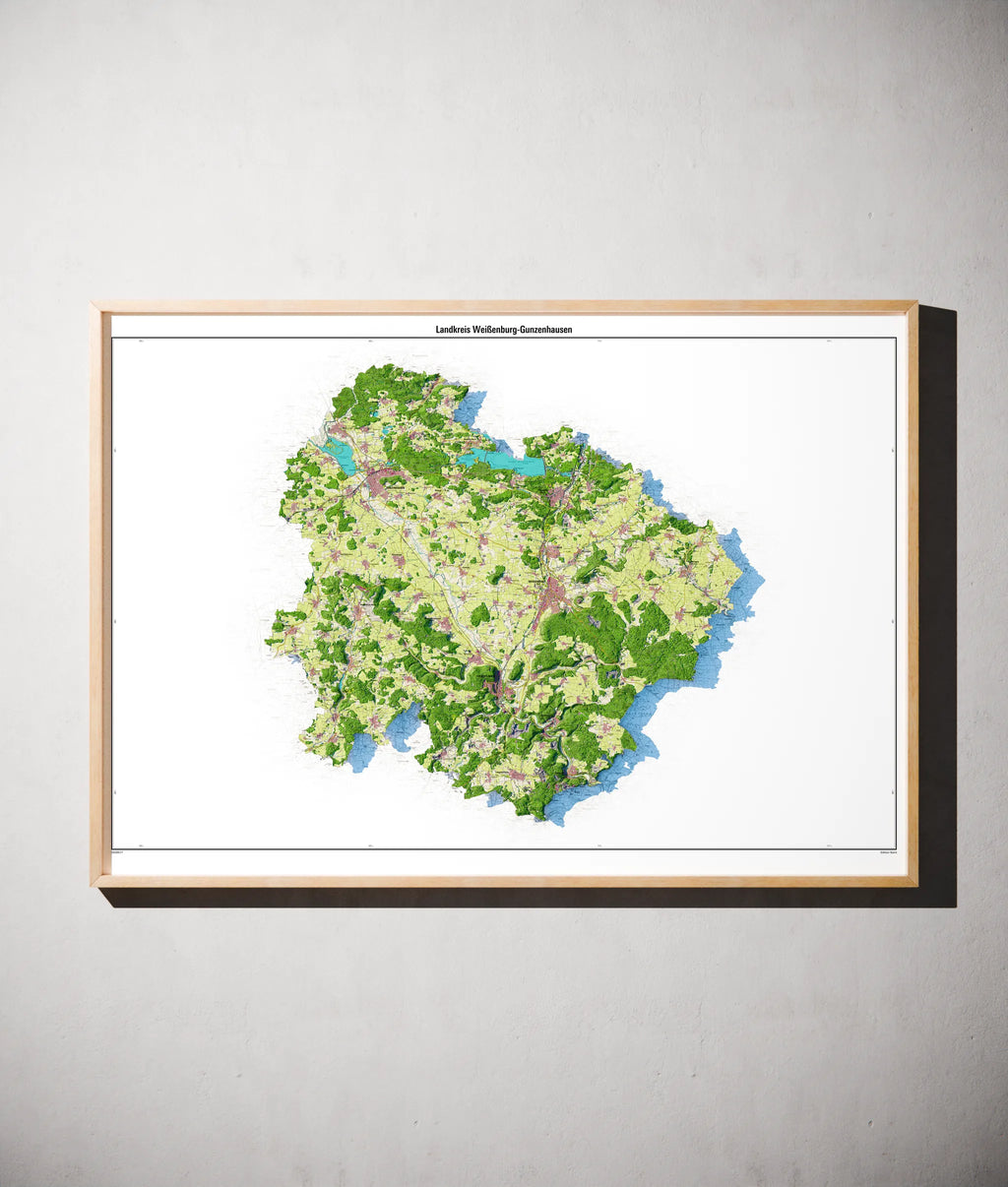 Landkreis Weißenburg-Gunzenhausen Poster als schattierte Reliefkarte, Farbvariante Topographisch, gerahmt an einer Wand #dtk