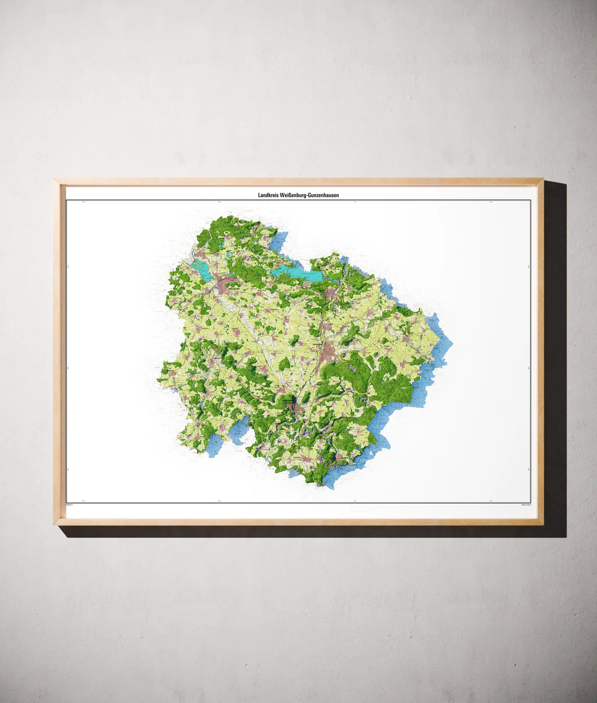Landkreis Weißenburg-Gunzenhausen Poster als schattierte Reliefkarte, Farbvariante Topographisch, gerahmt an einer Wand #dtk