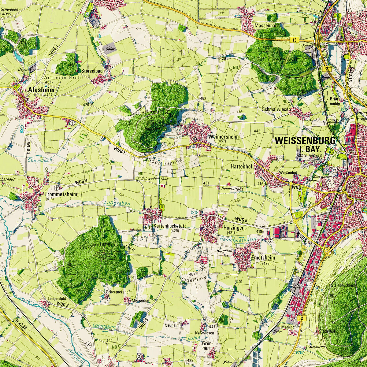 Landkreis Weißenburg-Gunzenhausen Poster, Detailansicht der Reliefkarte in der Farbvariante Topographisch #dtk