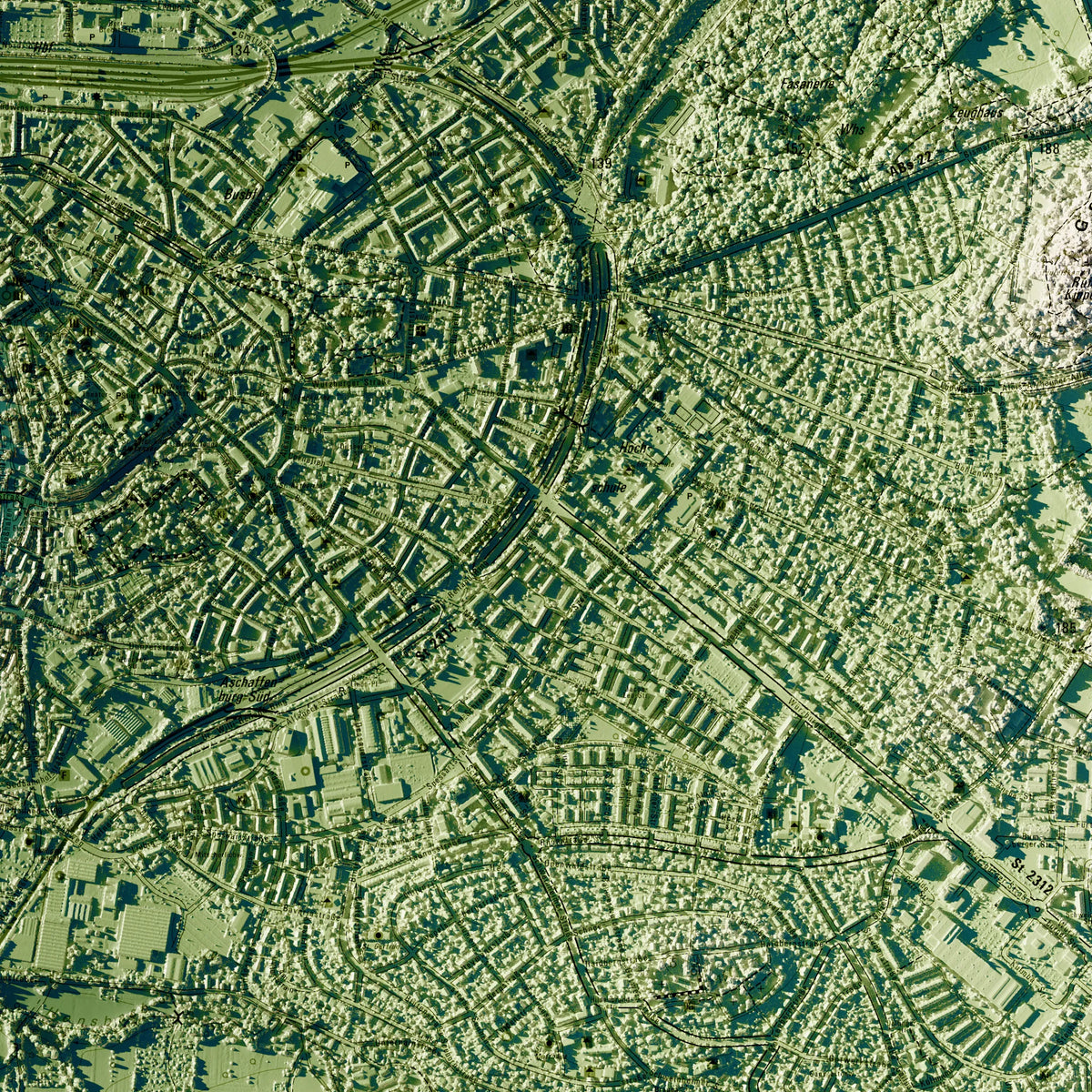 Stadt Aschaffenburg Poster, Detailansicht der Reliefkarte in der Farbvariante Salbei #c1