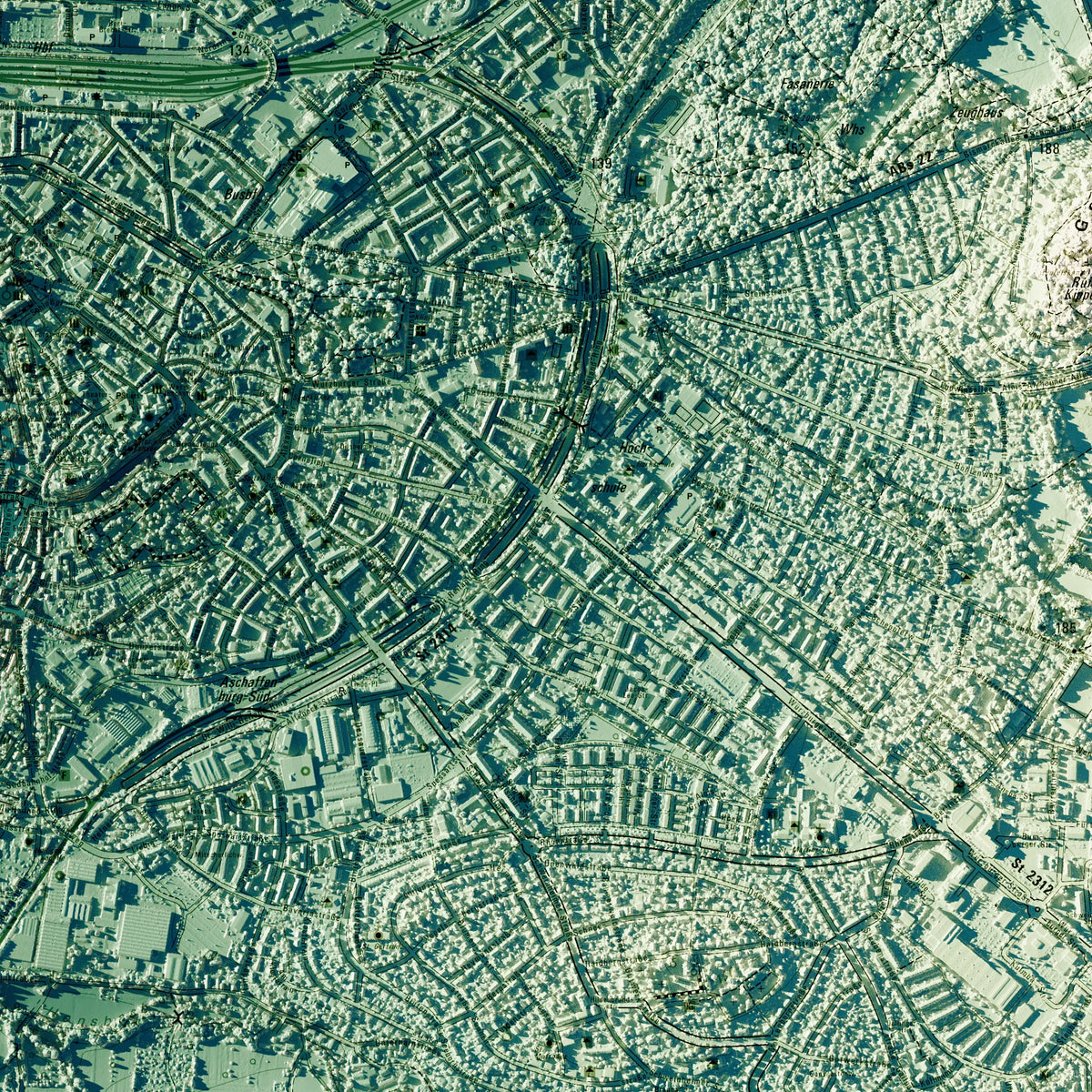 Stadt Aschaffenburg Poster, Detailansicht der Reliefkarte in der Farbvariante Petrol #c2