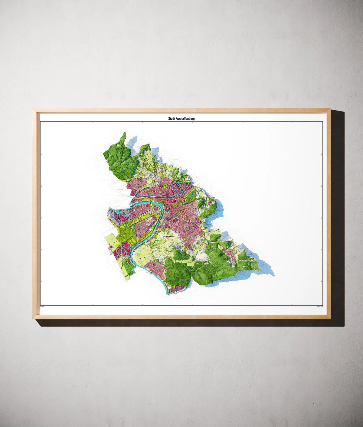 Stadt Aschaffenburg Poster als schattierte Reliefkarte, Farbvariante Topographisch, gerahmt an einer Wand #dtk