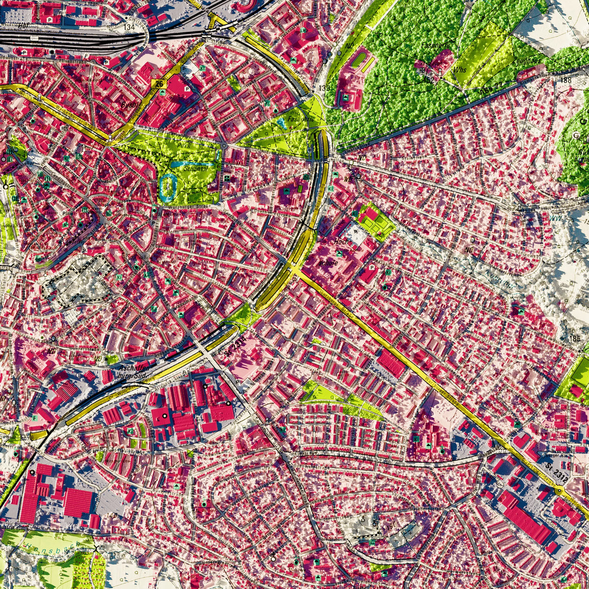 Stadt Aschaffenburg Poster, Detailansicht der Reliefkarte in der Farbvariante Topographisch #dtk