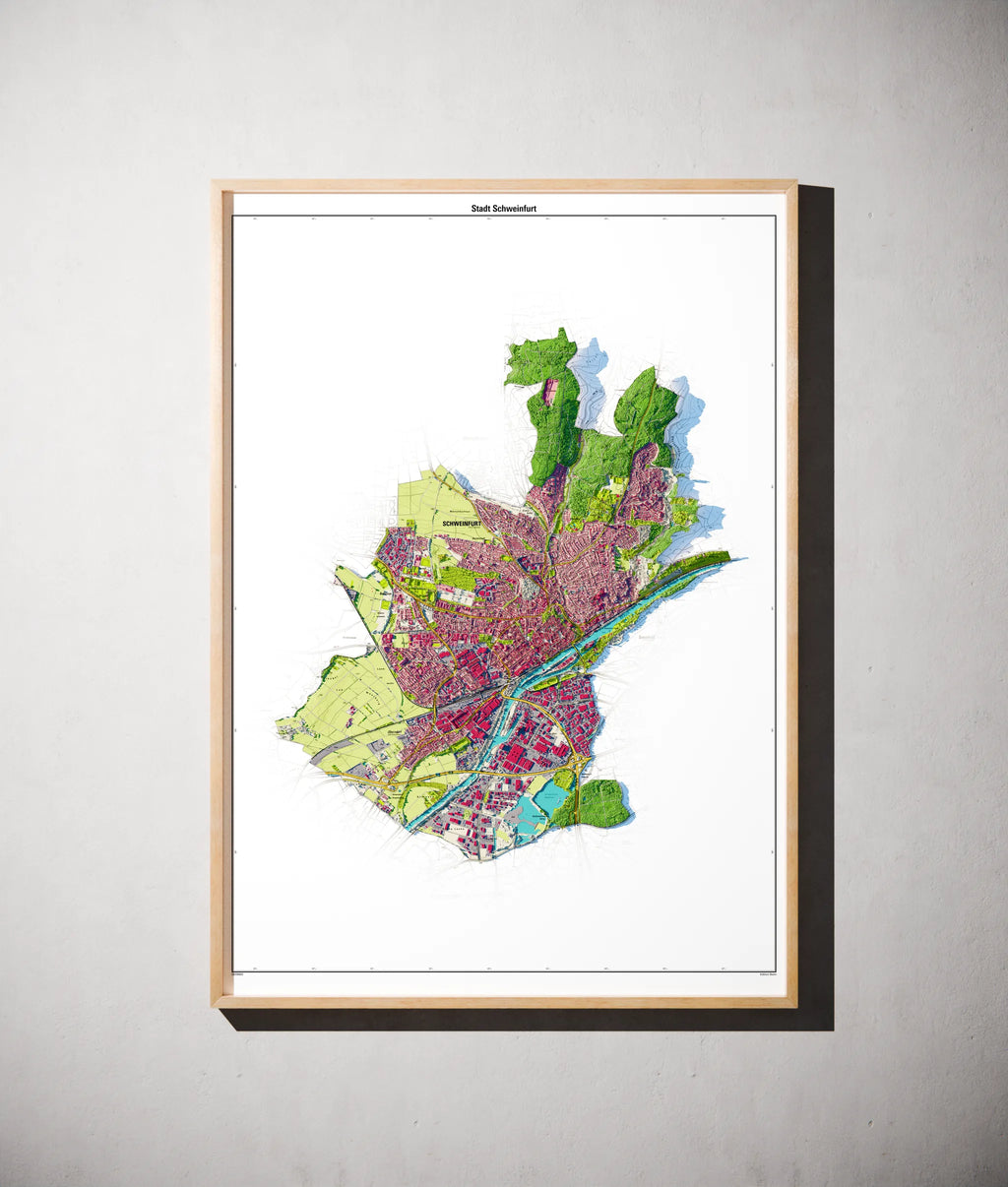 Stadt Schweinfurt Poster als schattierte Reliefkarte, Farbvariante Topographisch, gerahmt an einer Wand #dtk