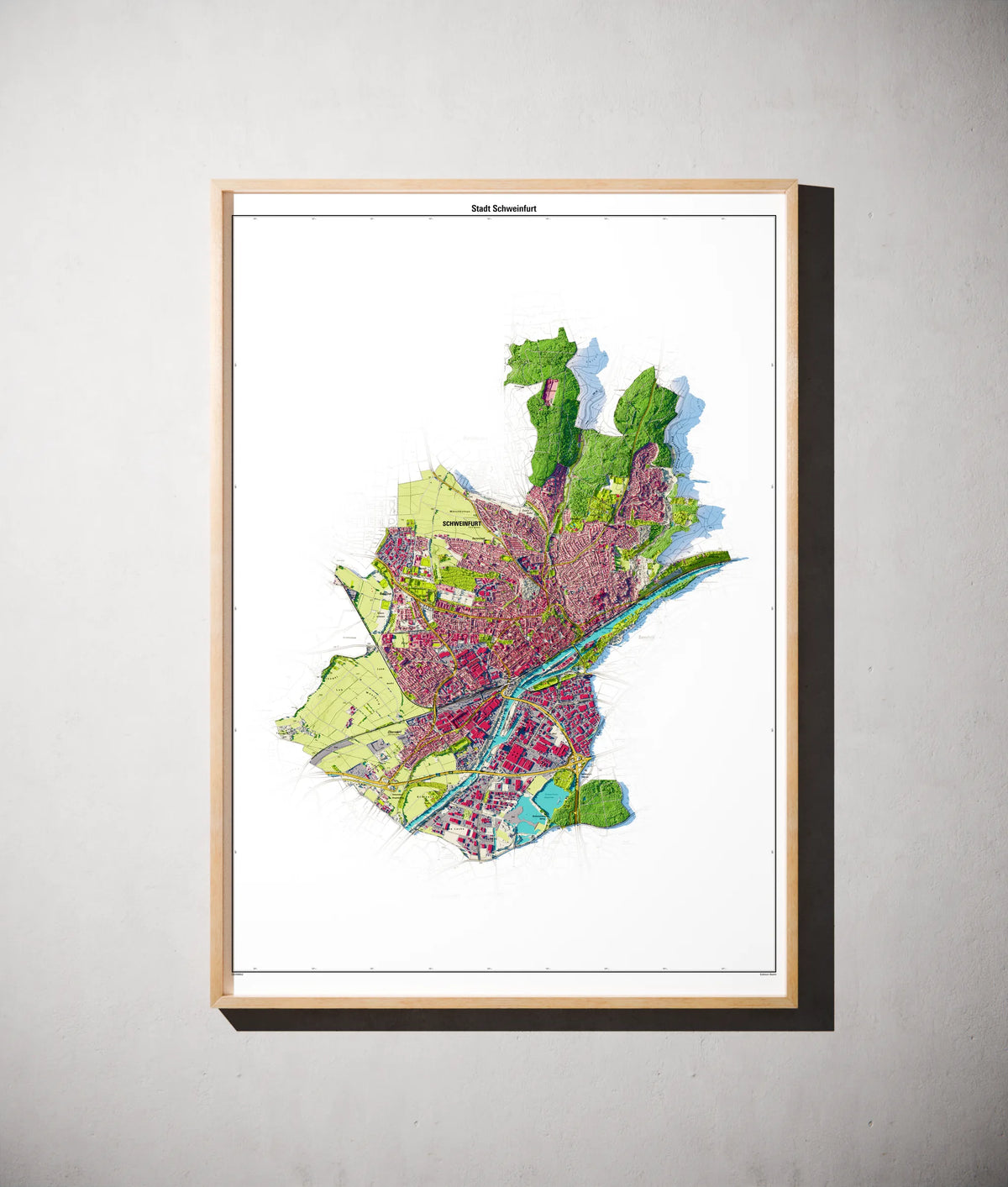 Stadt Schweinfurt Poster als schattierte Reliefkarte, Farbvariante Topographisch, gerahmt an einer Wand #dtk