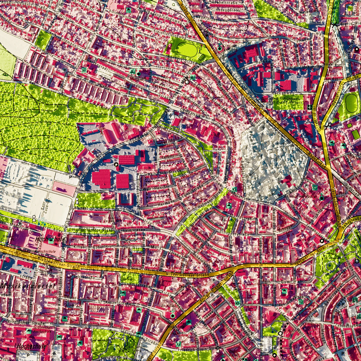 Stadt Schweinfurt Poster, Detailansicht der Reliefkarte in der Farbvariante Topographisch #dtk